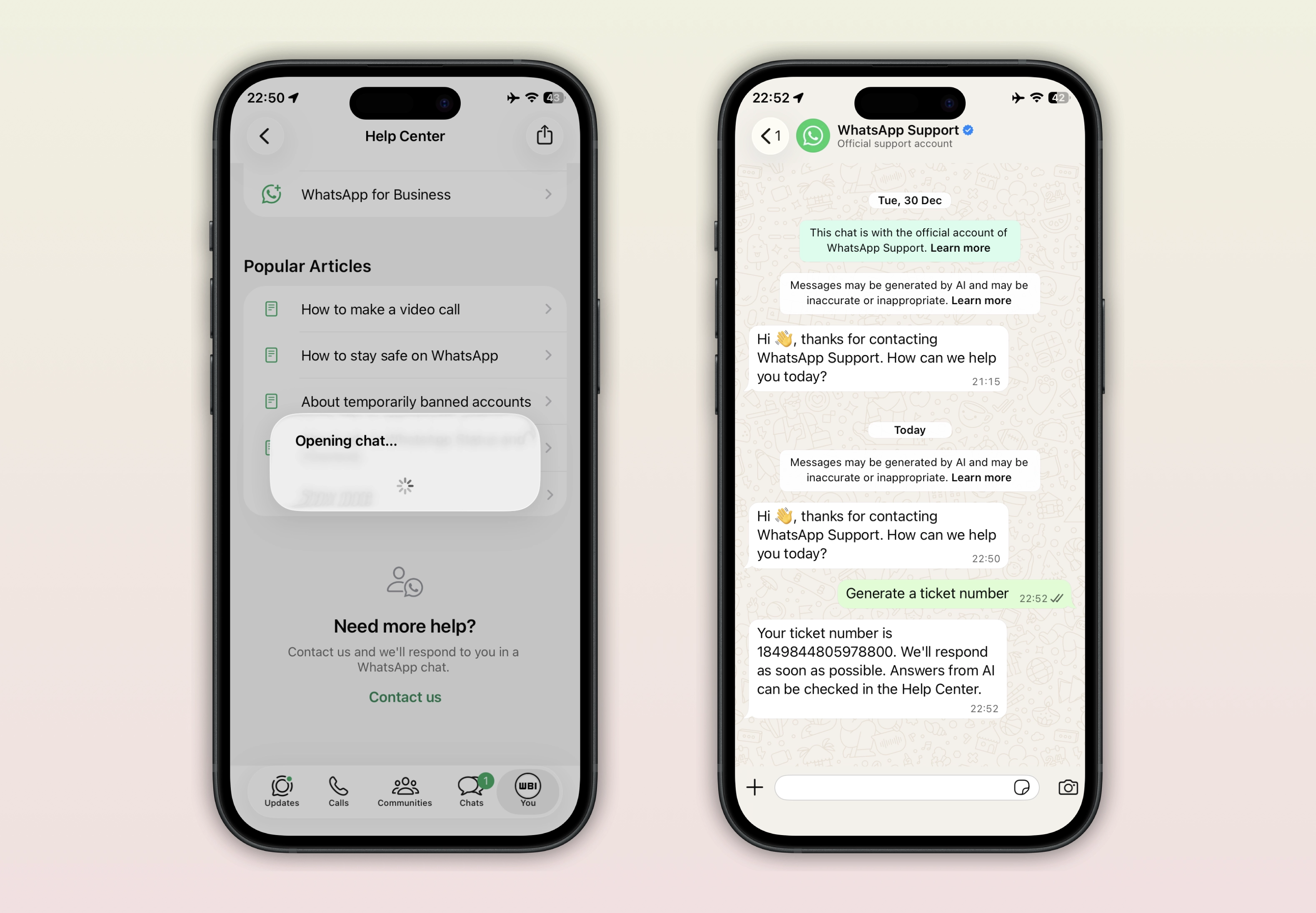 The image shows how to generate a ticket number with WhatsApp Support