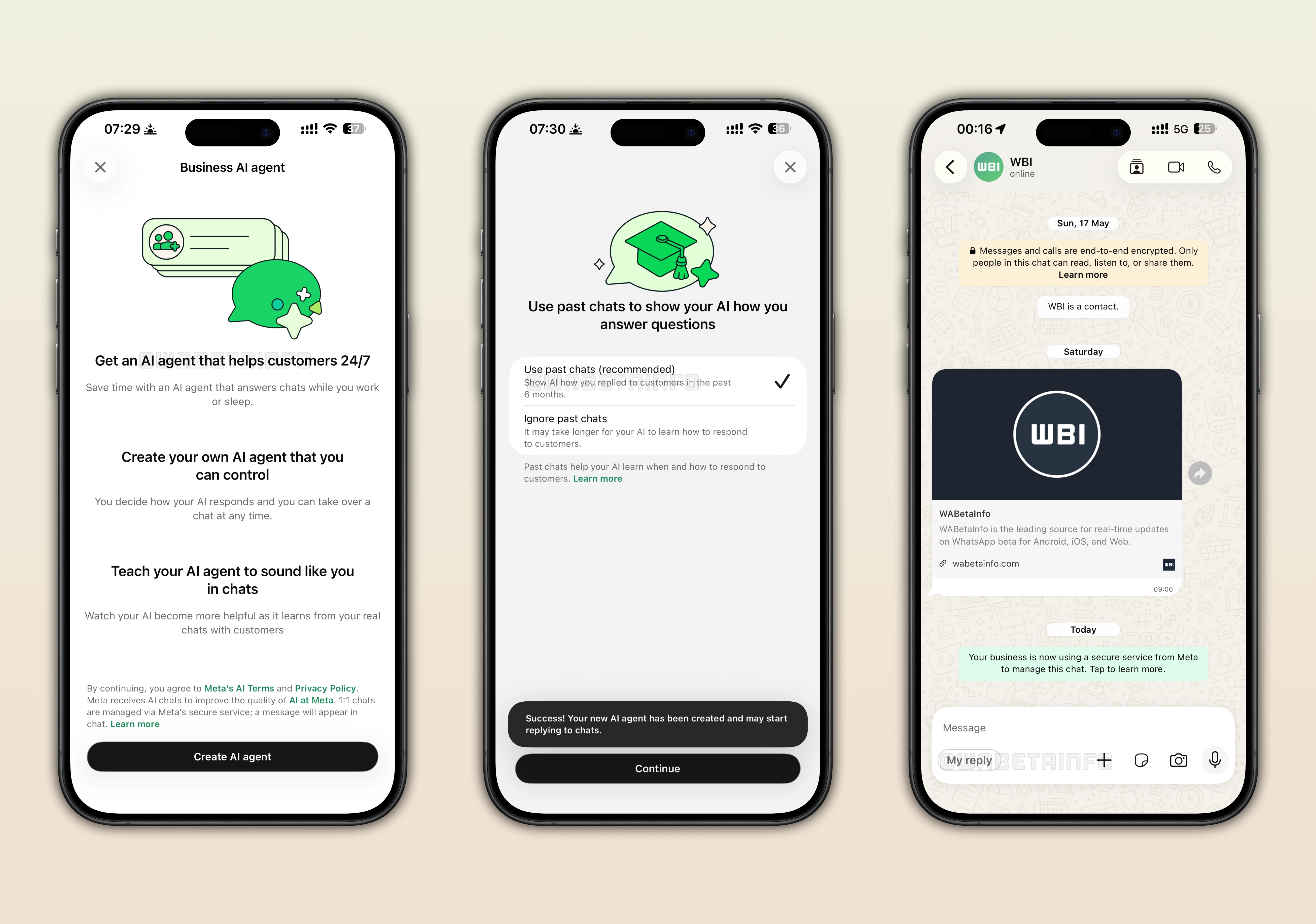 The image shows Business Agent, an AI-powered assistant on WhatsApp Business for iOS