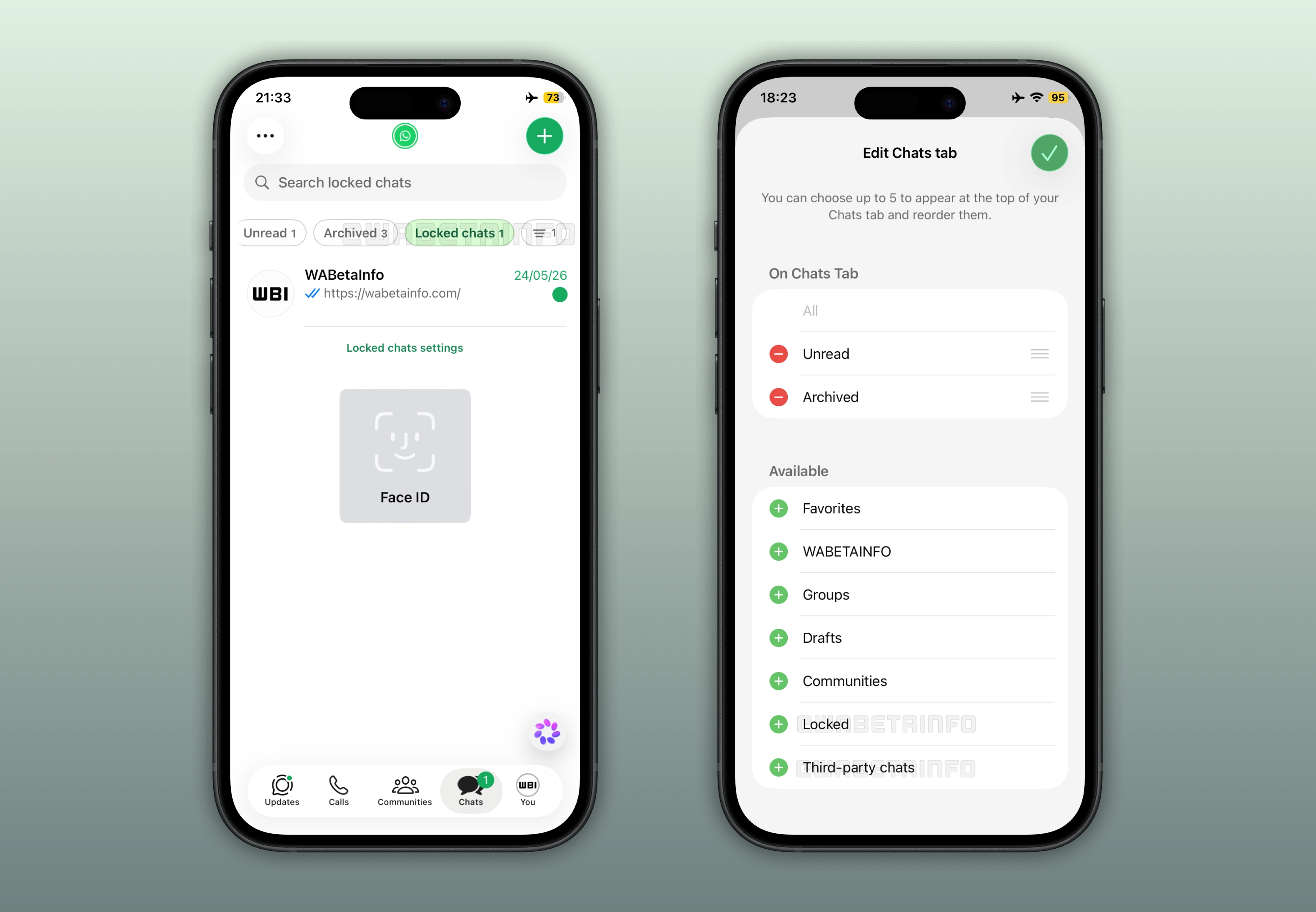 The image shows new filters for archived and locked chats on WhatsApp beta for iOS