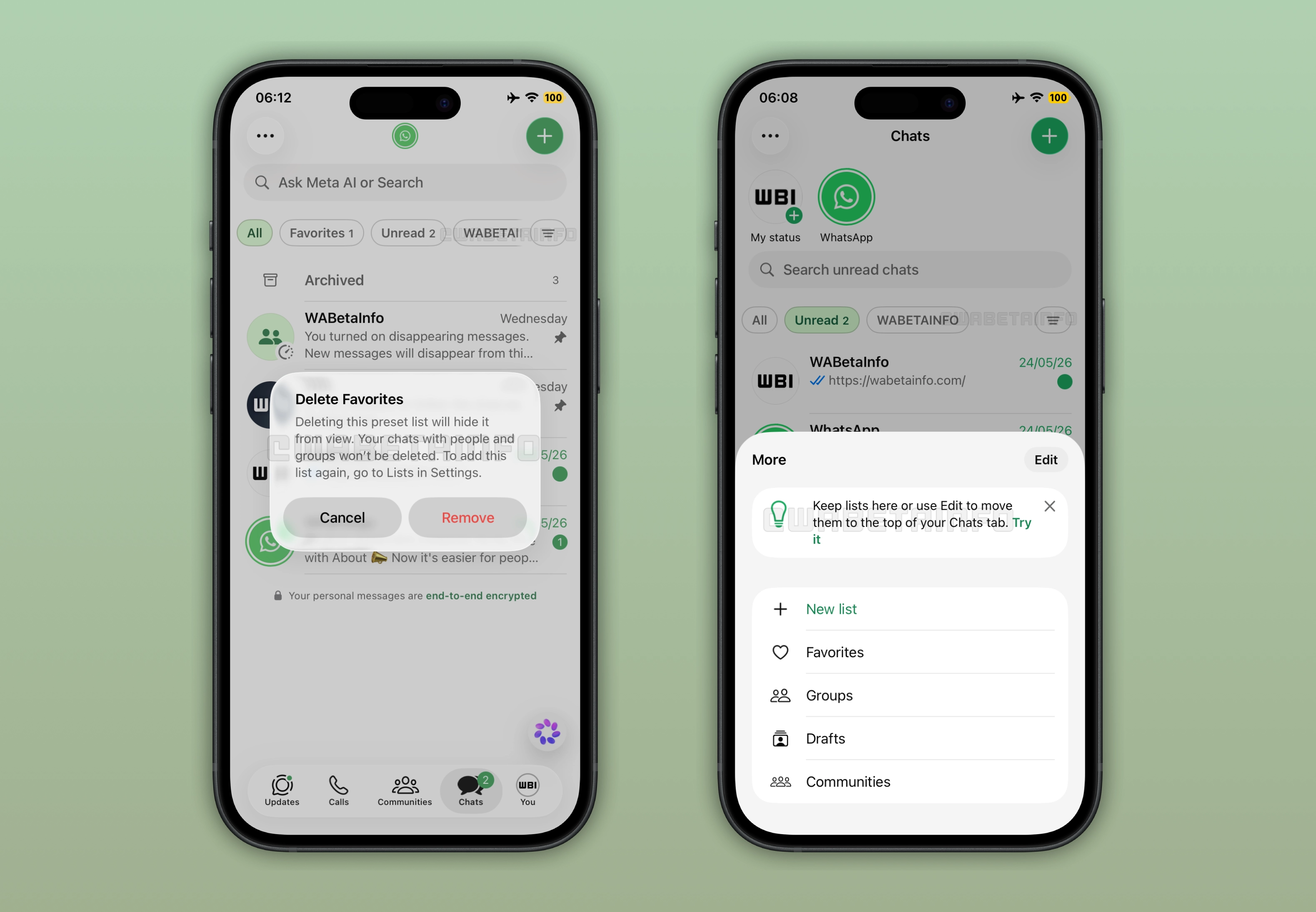 The image shows a new interface for chat lists on WhatsApp for iOS