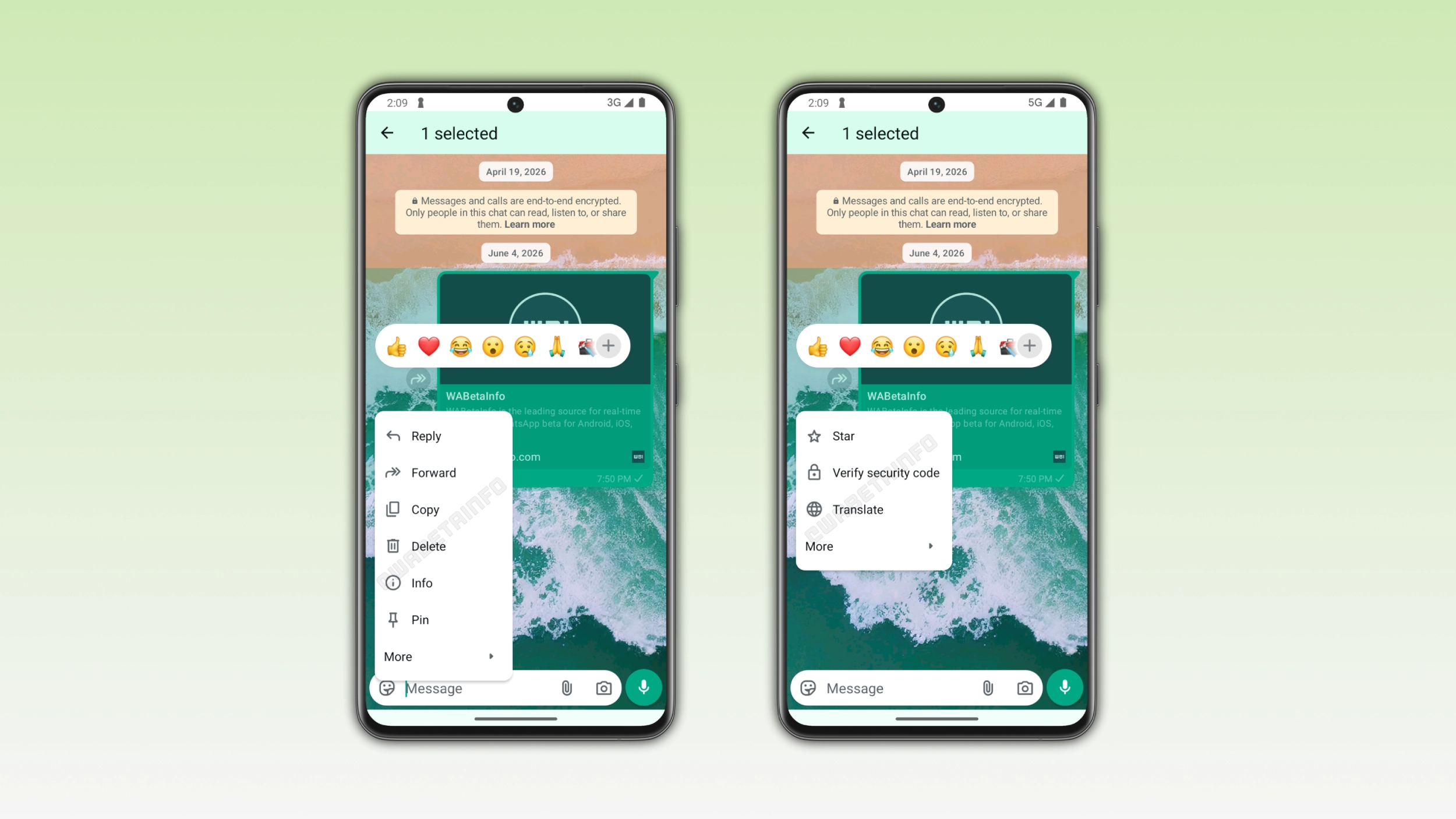 The image shows a redesigned message menu in WhatsApp beta for Android