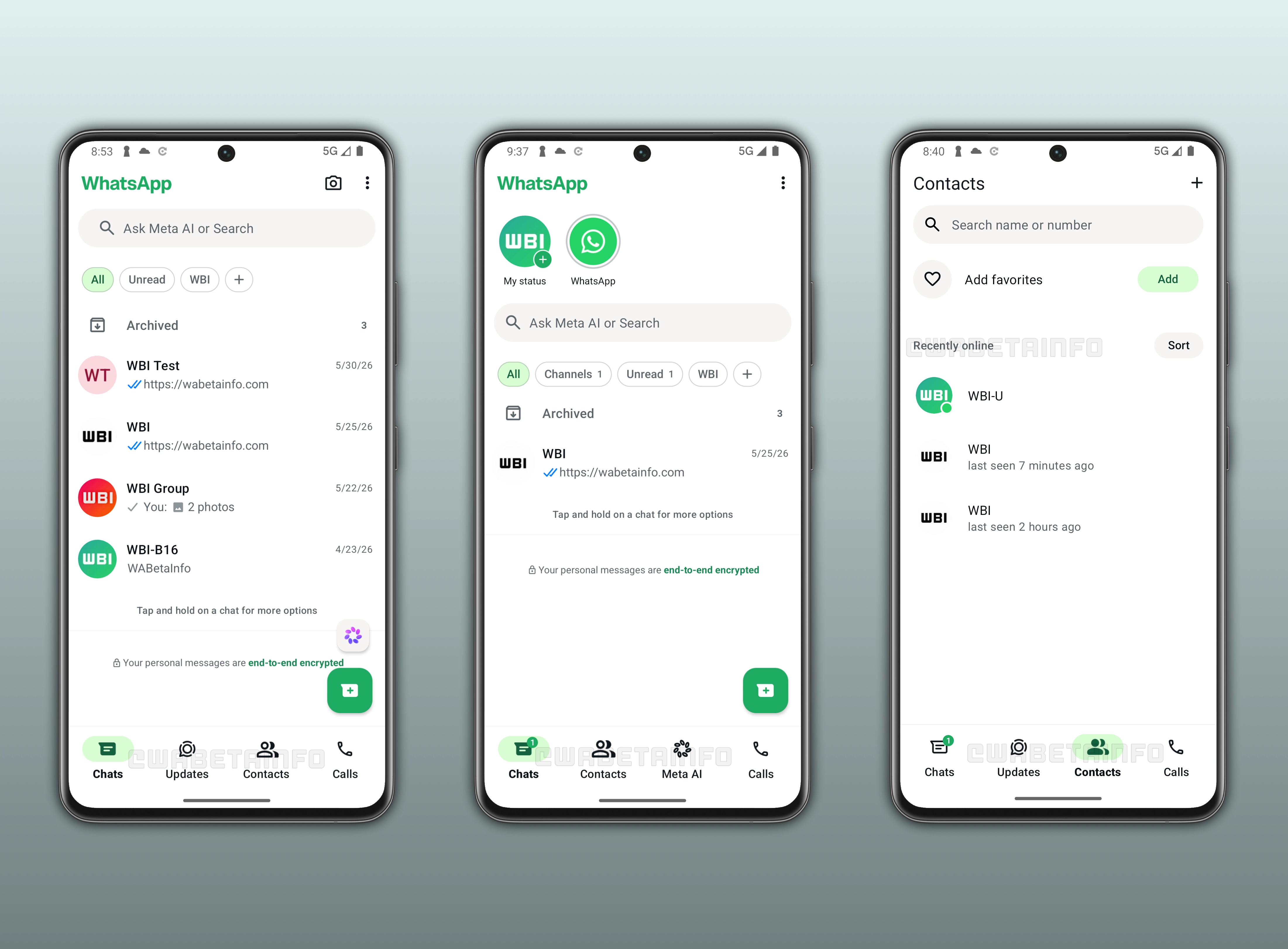 The image shows a feature that adds a Contacts tab to WhatsApp beta for Android
