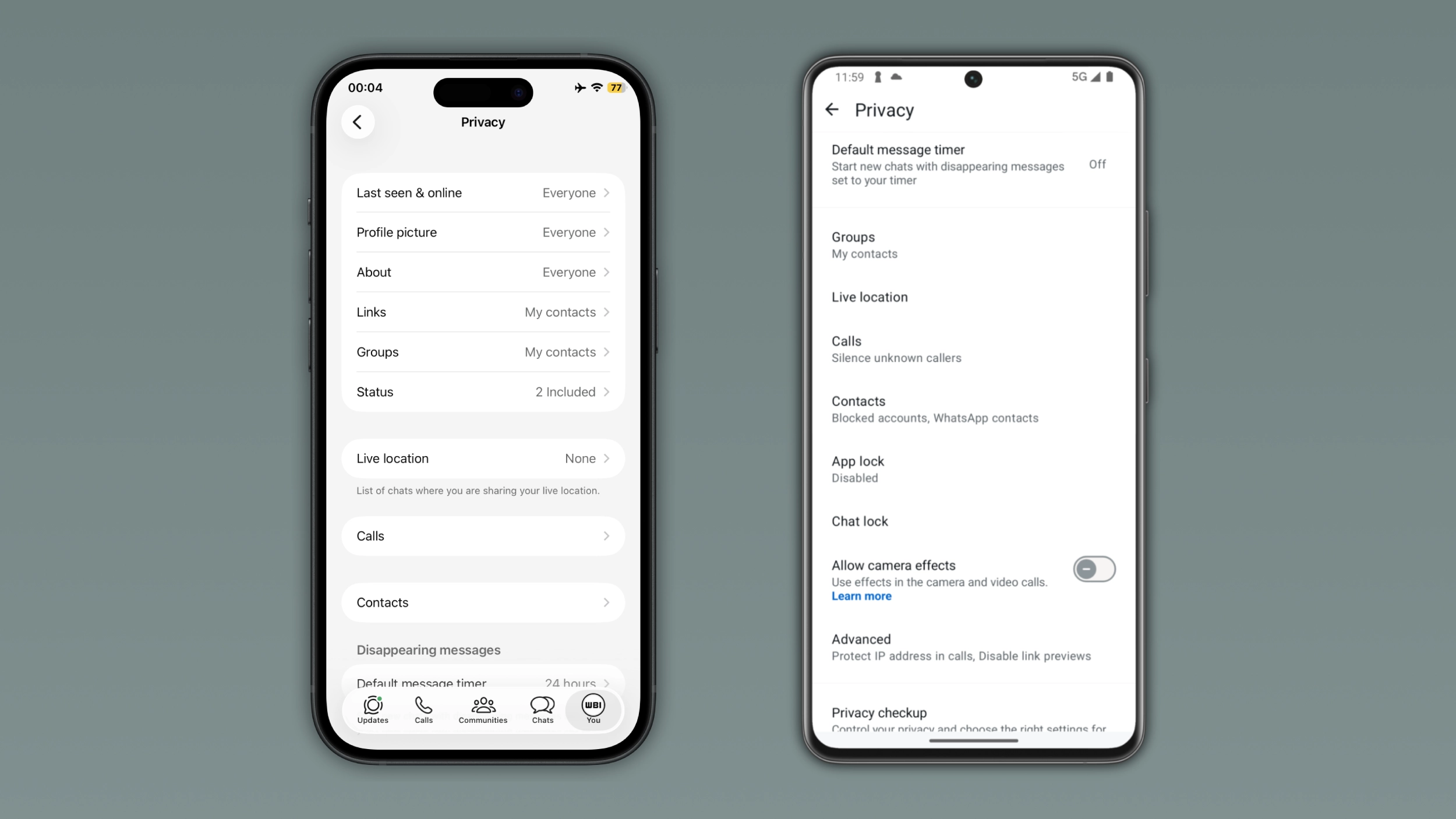 The image shows the privacy settings screen, where WhatsApp removed avatar stickers in WhatsApp for Android and iOS