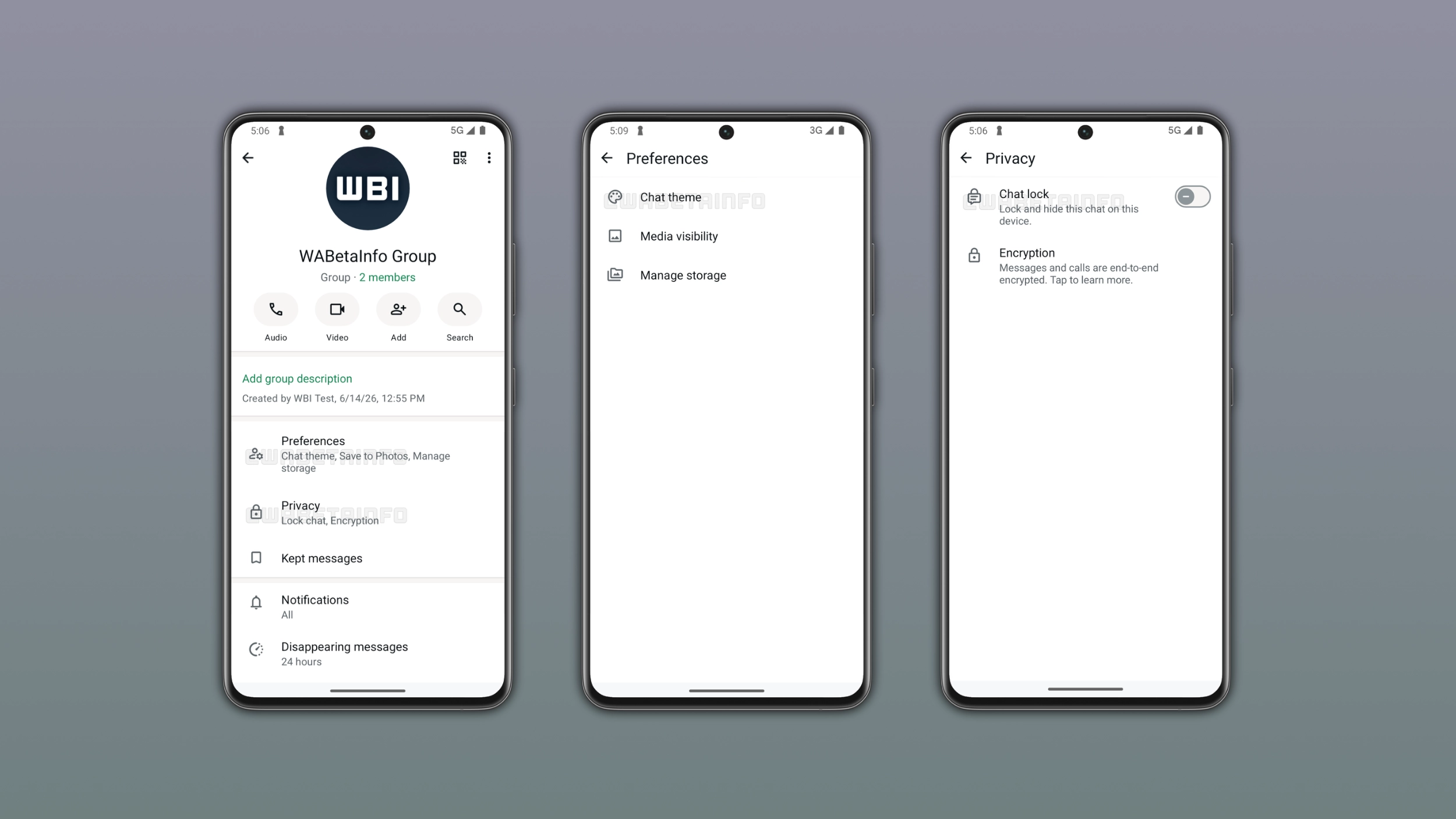 The image shows a feature that introduces a redesigned group chat info screen in WhatsApp beta for Android