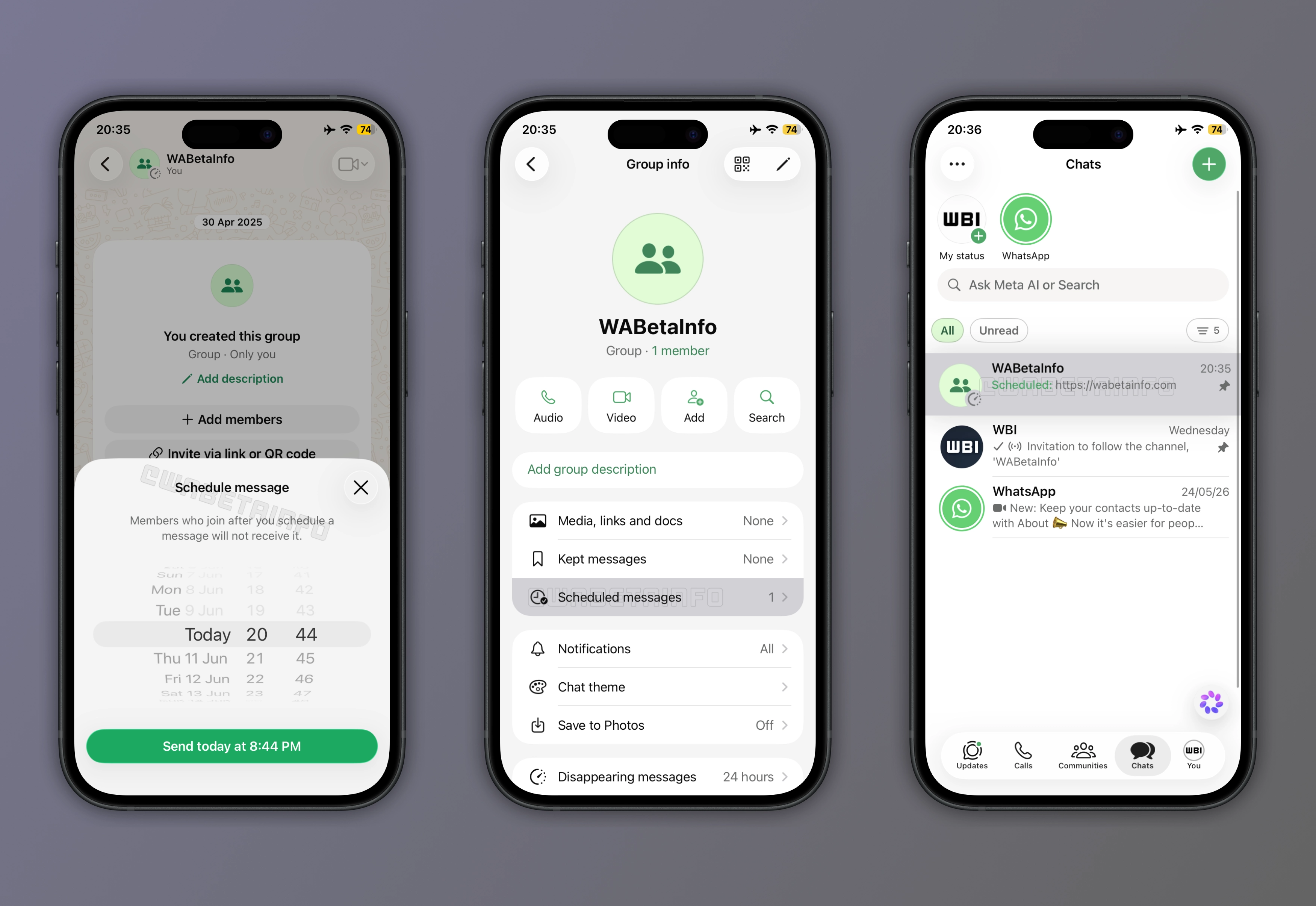 The image shows a feature that allows users to schedule their messages in WhatsApp beta for iOS