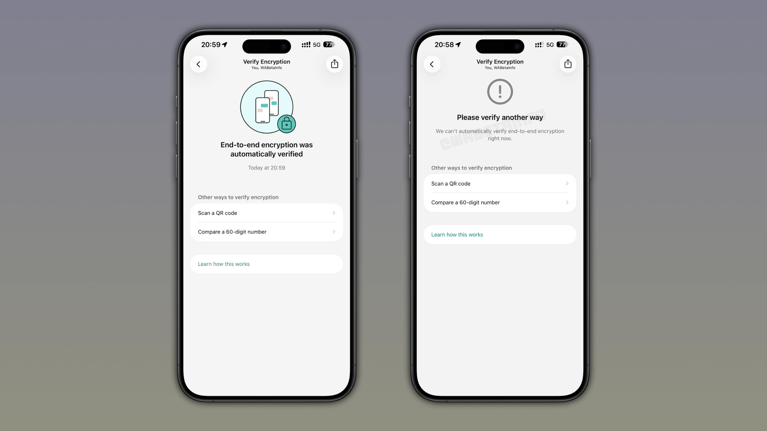 The image shows how to verify encryption in a WhatsApp chat to check for a block