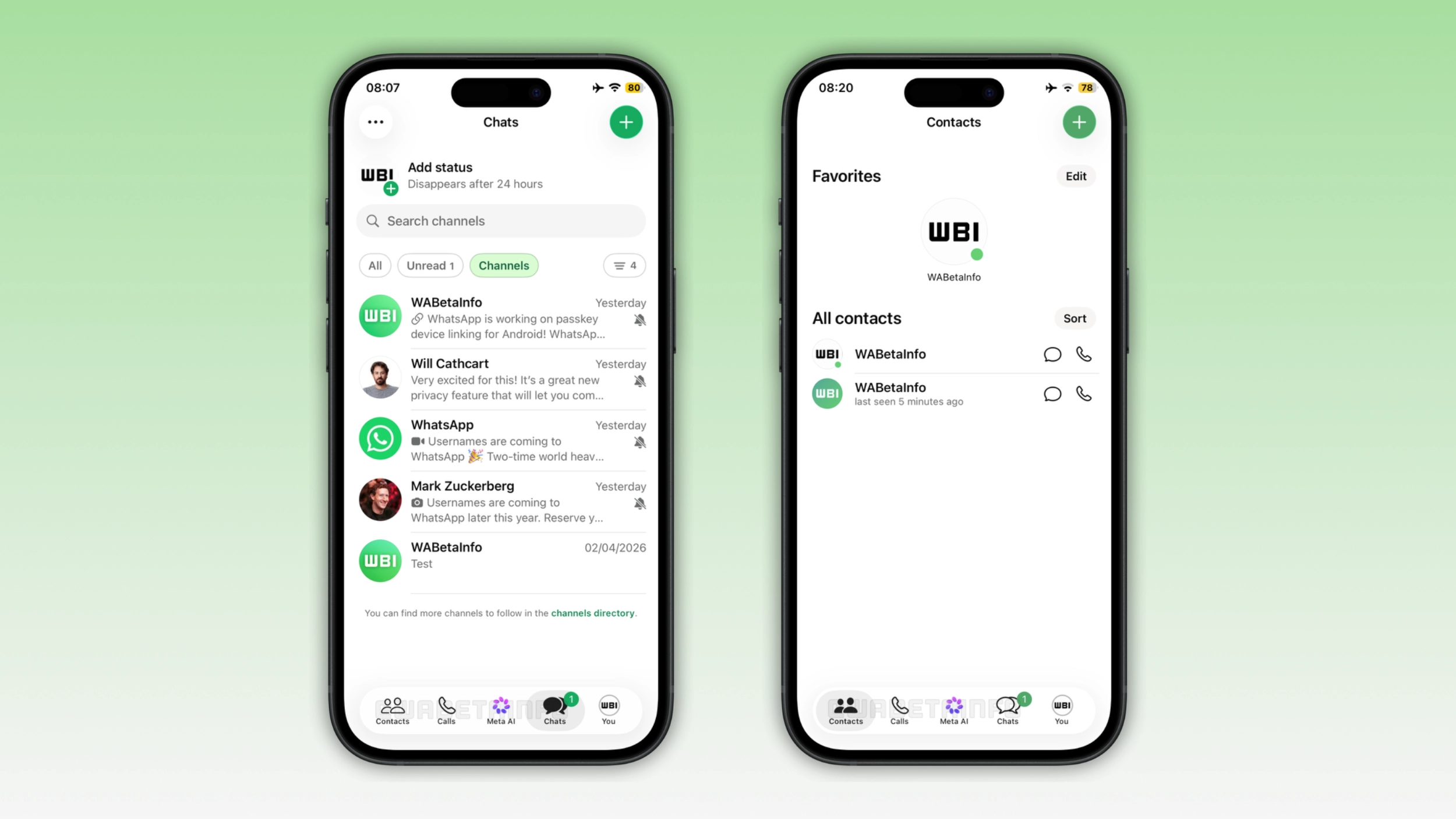 The image shows a feature that adds a Contacts tab to WhatsApp beta for iOS