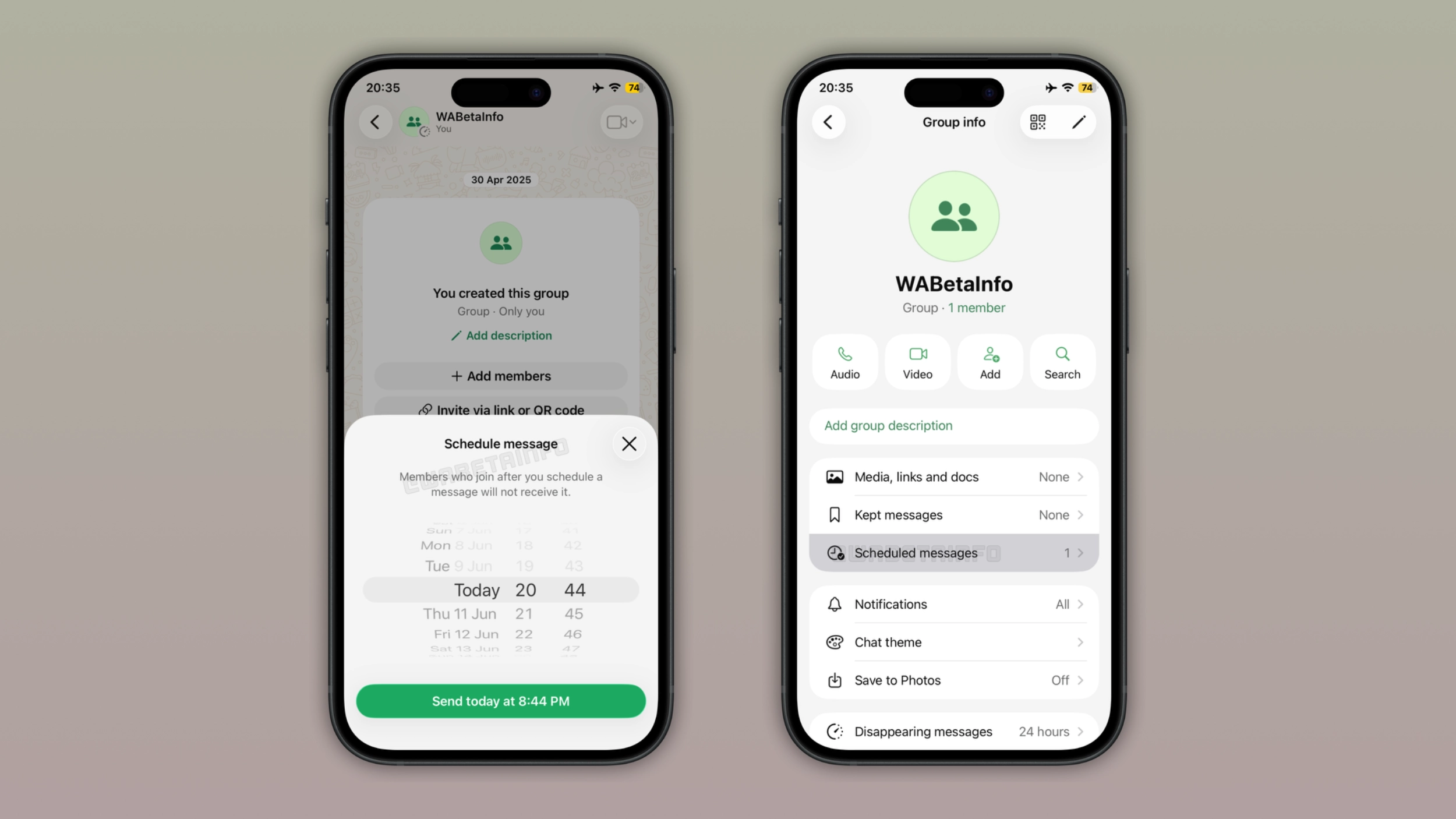 The image shows how to create a scheduled message in WhatsApp beta for iOS