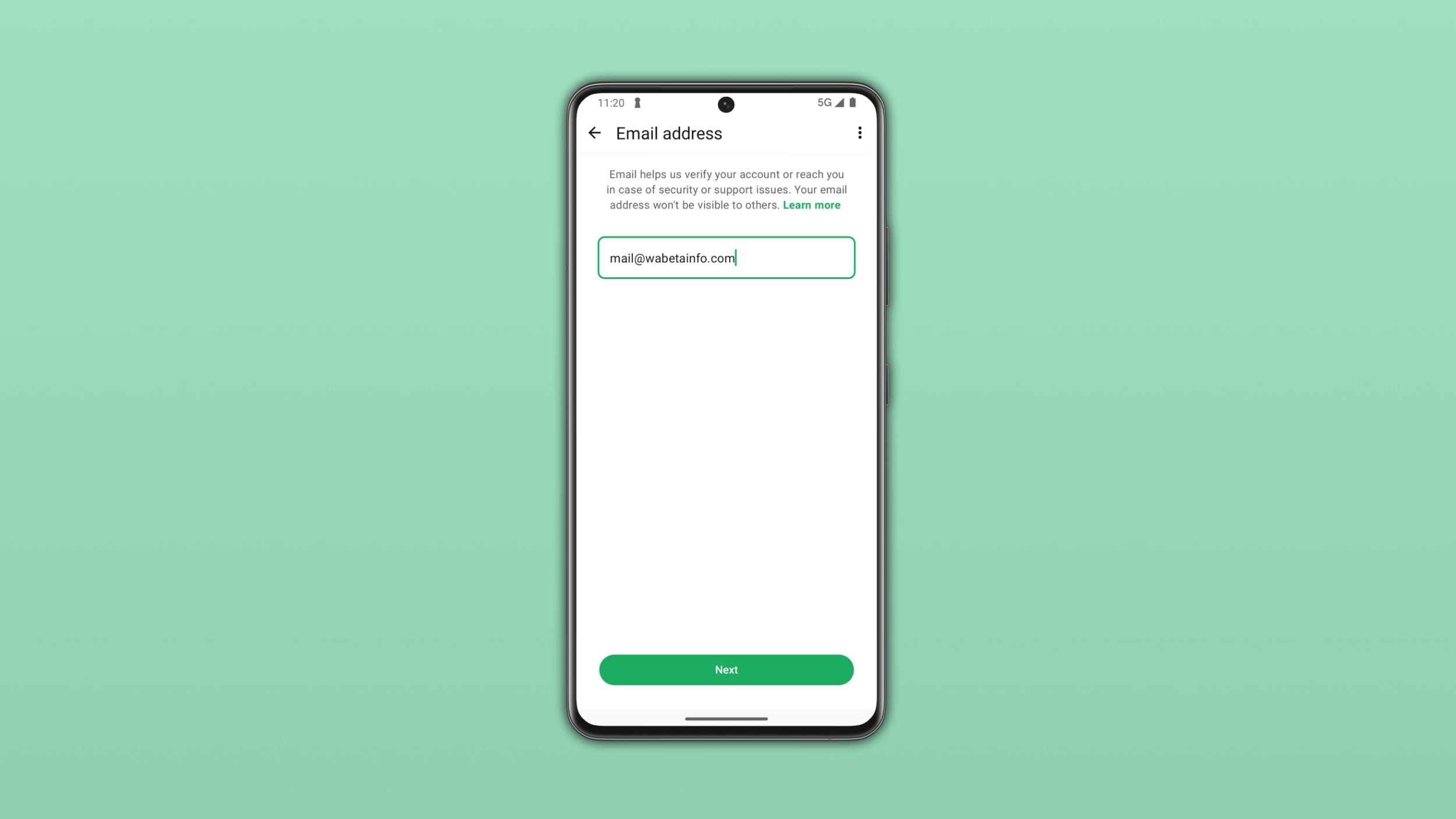 The image shows how to set up your email address on WhatsApp