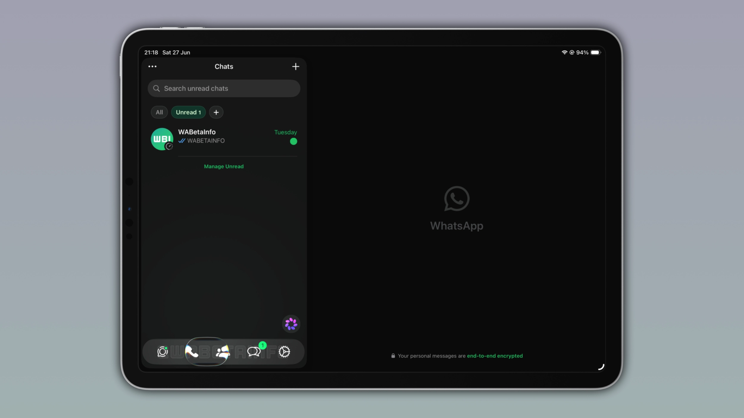 The image shows WhatsApp for iPad with the Liquid Glass design