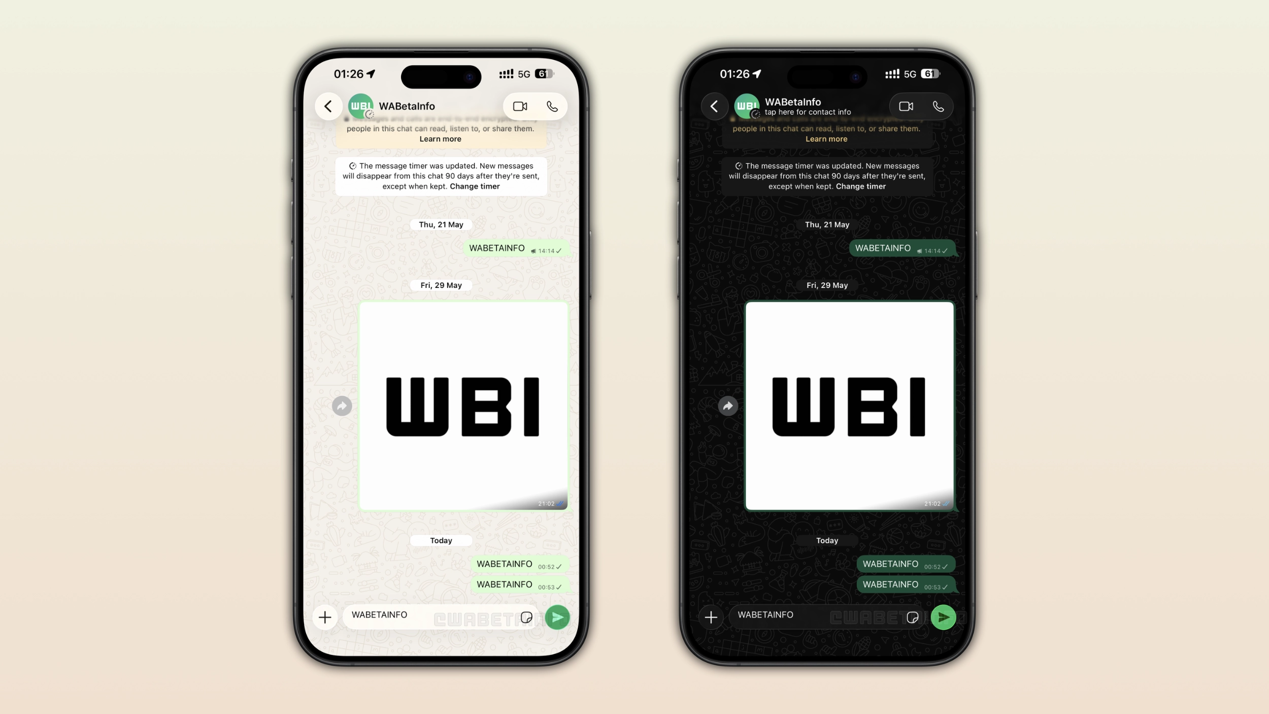 The image shows the Liquid Glass design for the chat interface in WhatsApp beta for iOS