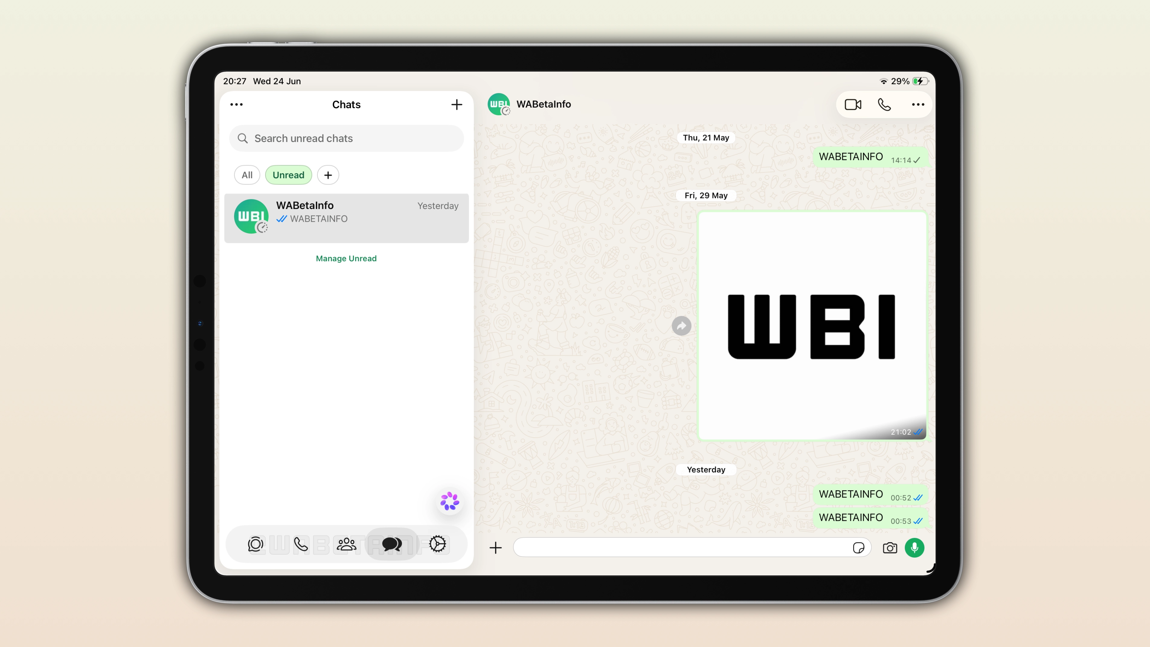 The image shows the Liquid Glass design in WhatsApp for iPad.