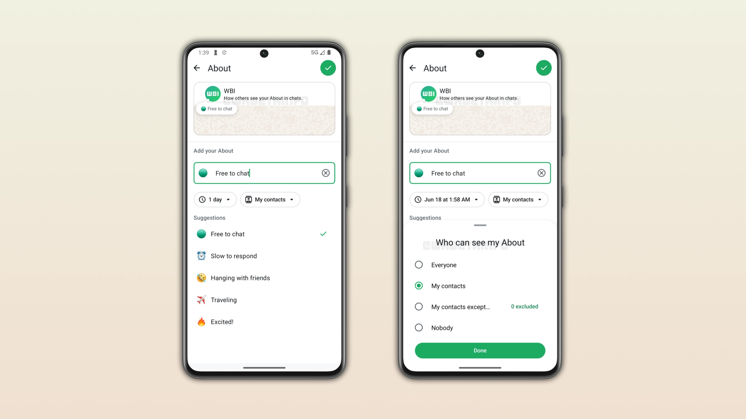 The image shows a redesigned interface for the About page in WhatsApp beta for Android