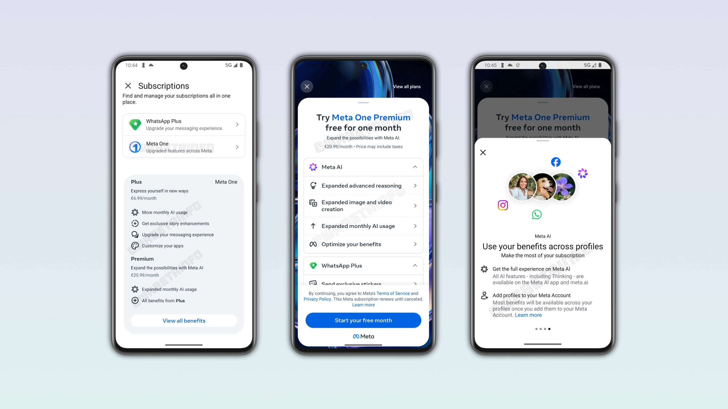 The image presents Meta One Plus and Meta One Premium, new subscription plans available in WhatsApp beta for Android