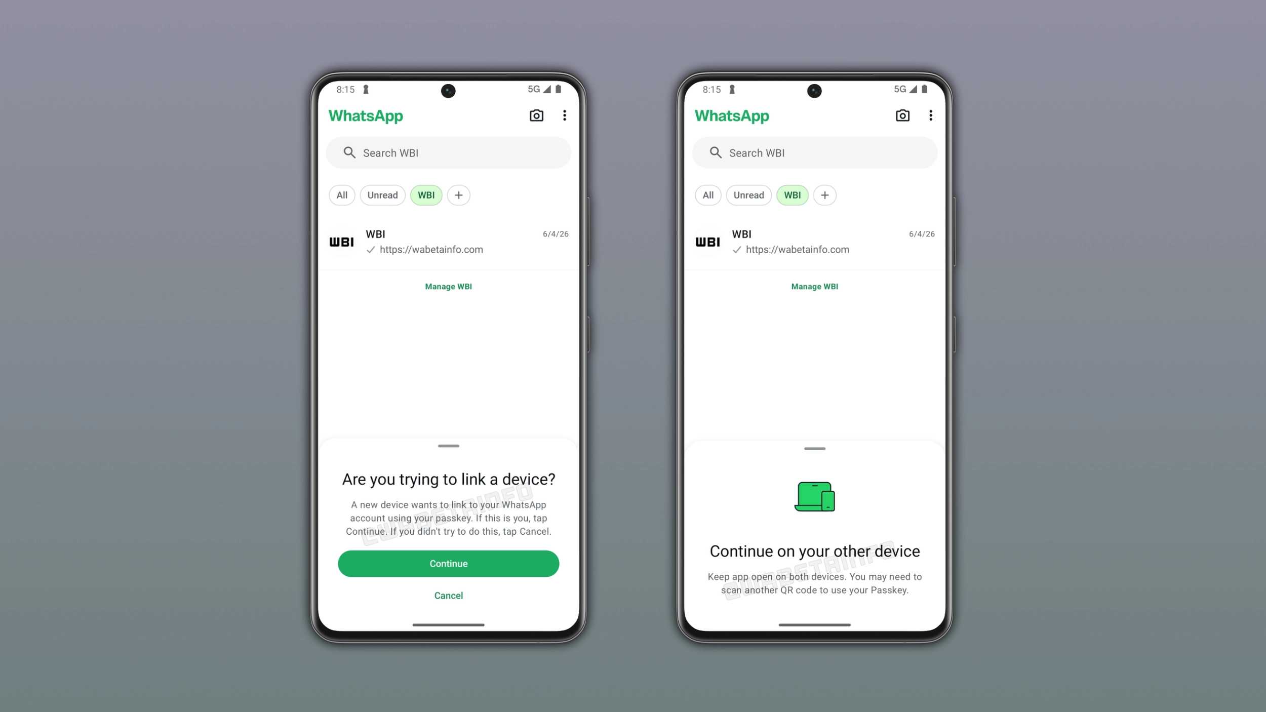 The image shows a passkey-based device linking flow in WhatsApp beta for Android