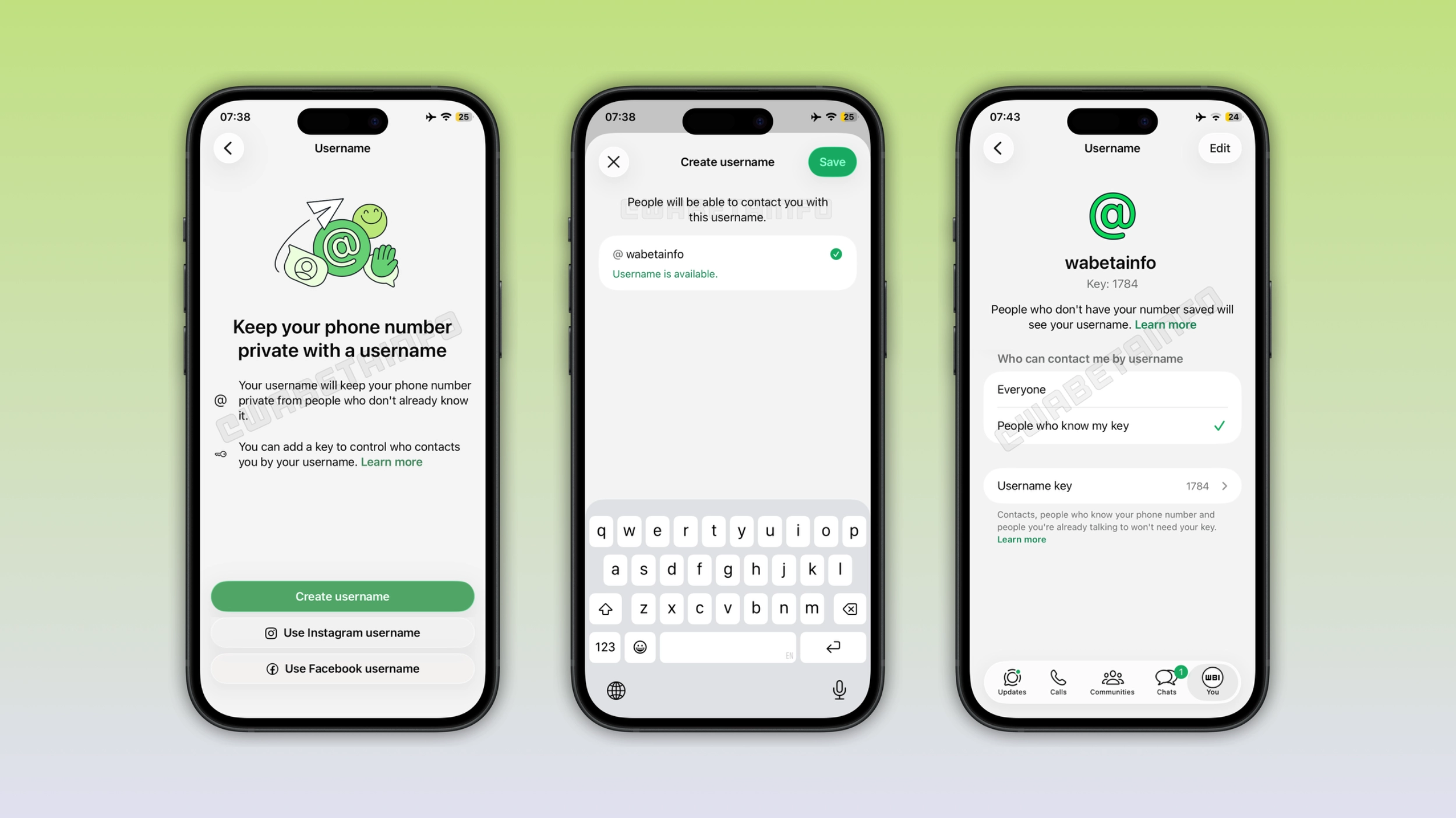 The image shows how to reserve a username on WhatsApp