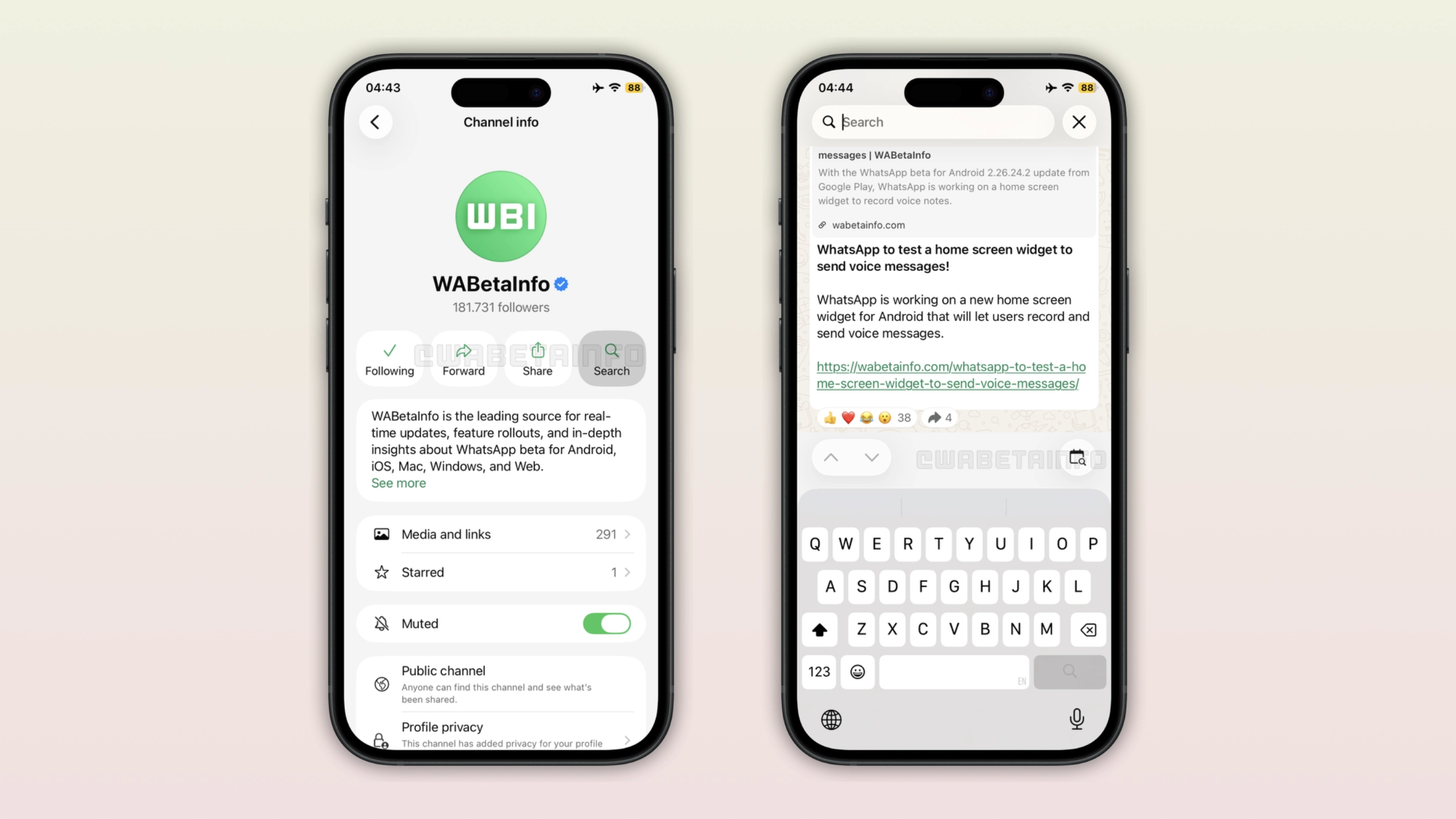 The image shows how to search for channel updates in WhatsApp for iOS