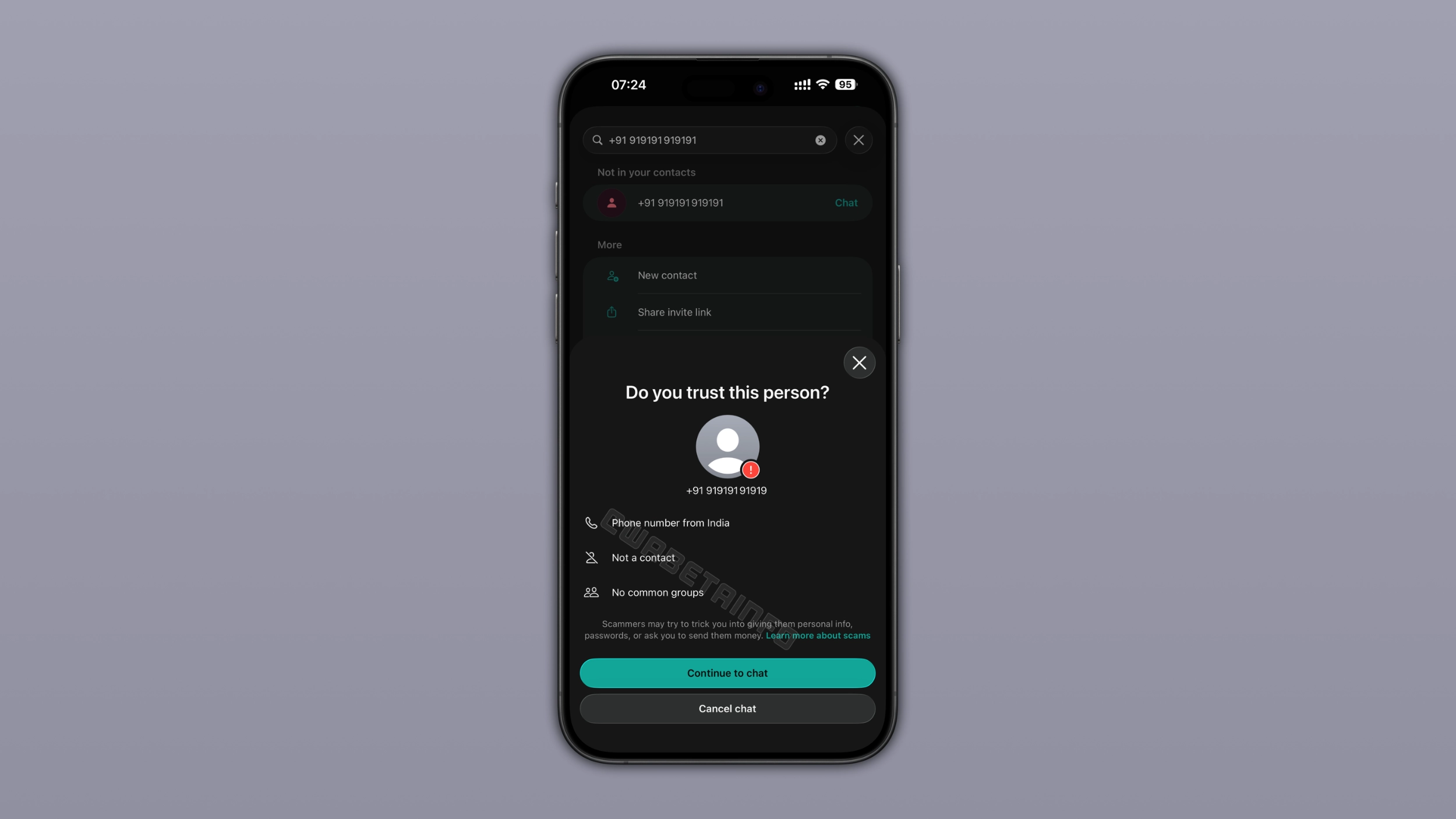 The image shows a warning that appears before starting a new chat with an unknown number on WhatsApp