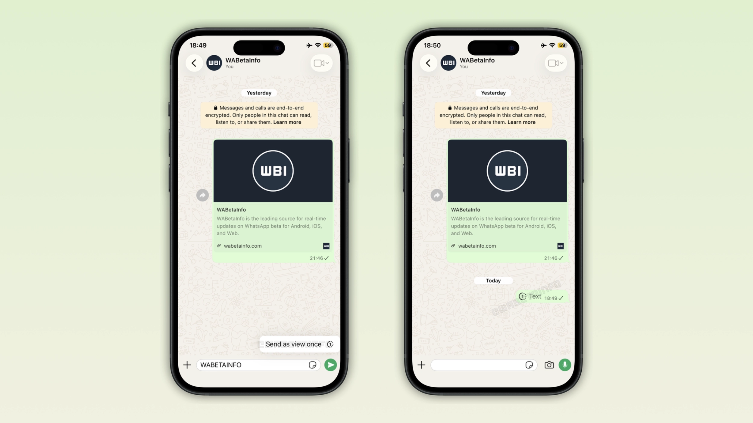 The image shows the view-once option for text messages in WhatsApp beta for iOS