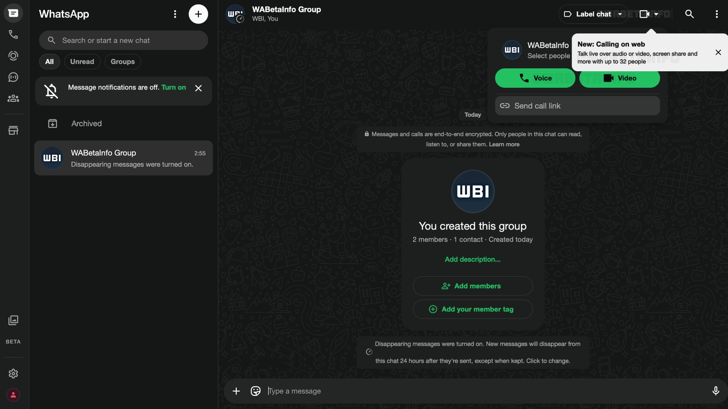 The image shows a feature that allows users to place voice and video calls in group chats directly from WhatsApp Web