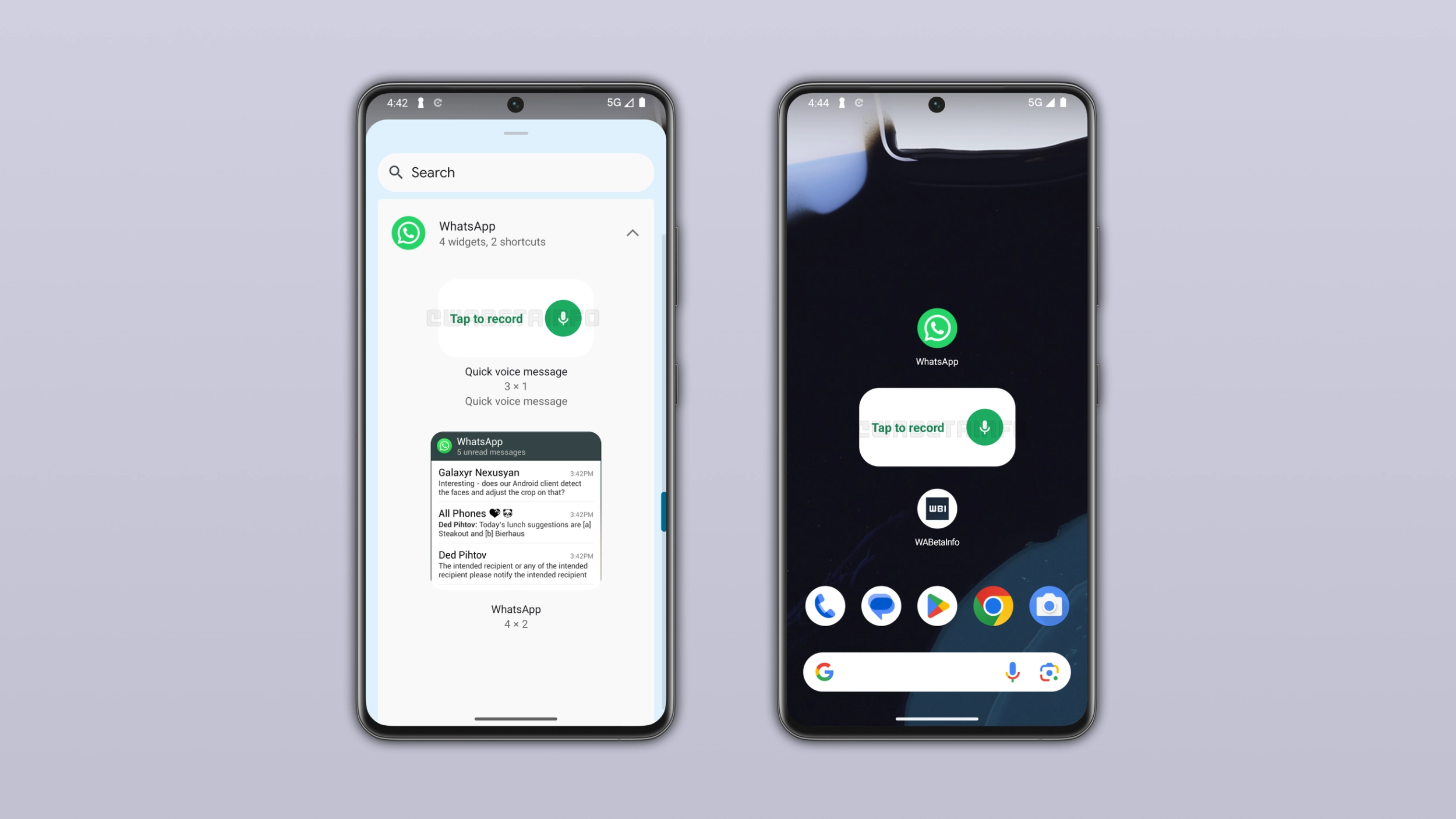 The image shows a new home screen widget to record and send voice messages in WhatsApp beta for Android