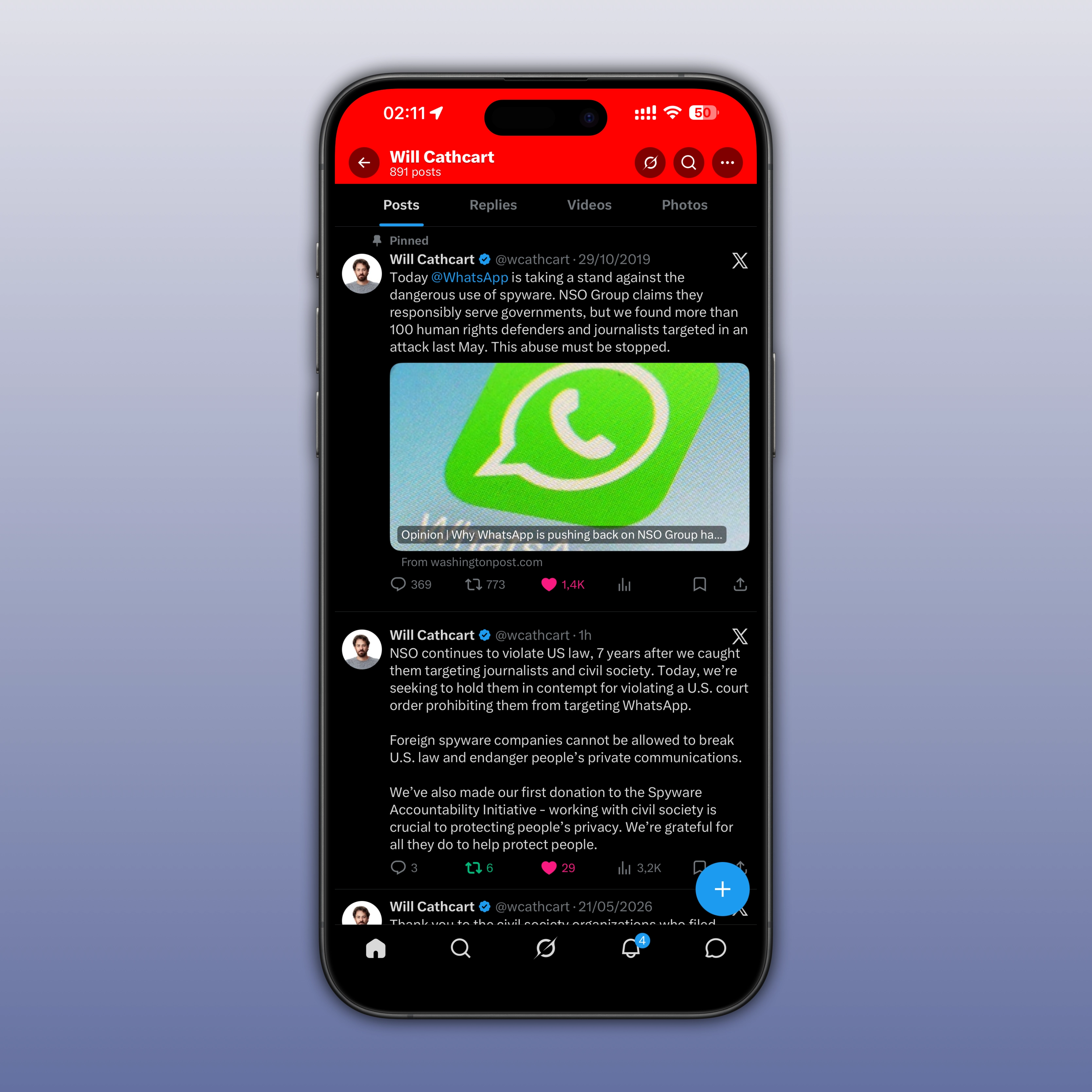 The image shows a post shared by Will Cathcart, WhatsApp's CEO. He notes that NSO continues to violate US law, even after a court order prohibiting them from targeting WhatsApp.
