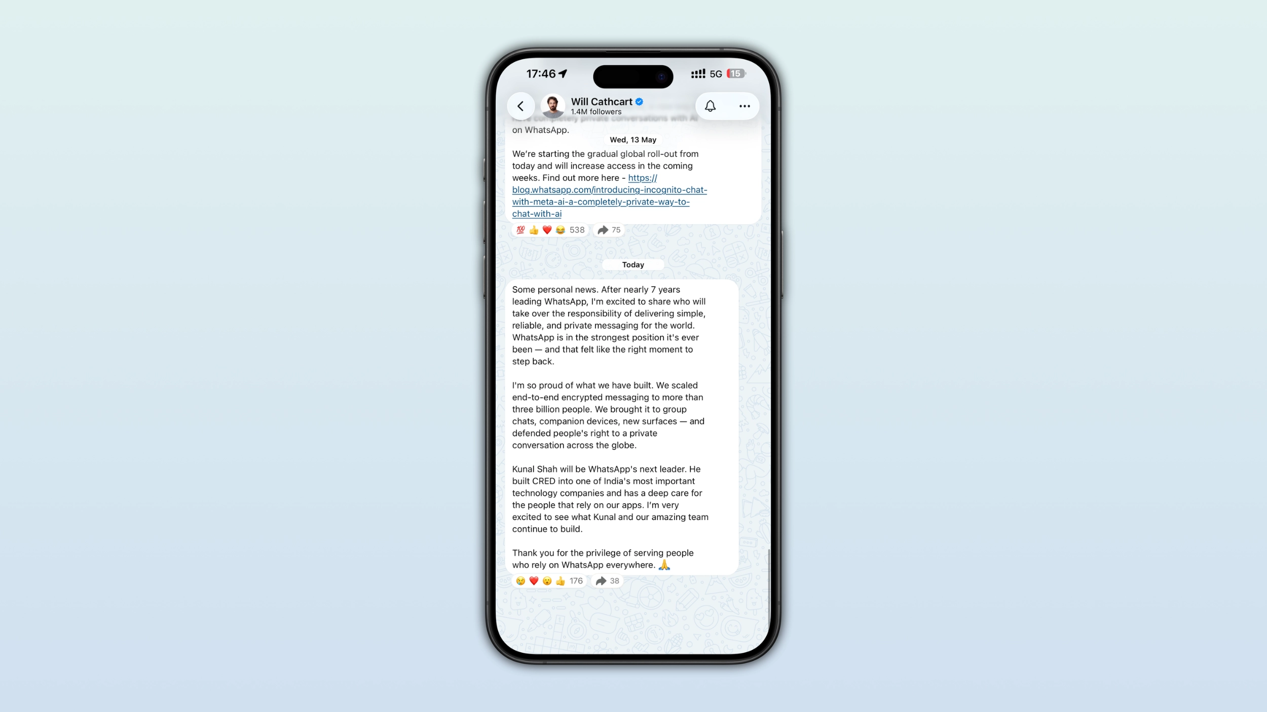 The image shows a post shared by Will Cathcart, who is stepping down as head of WhatsApp