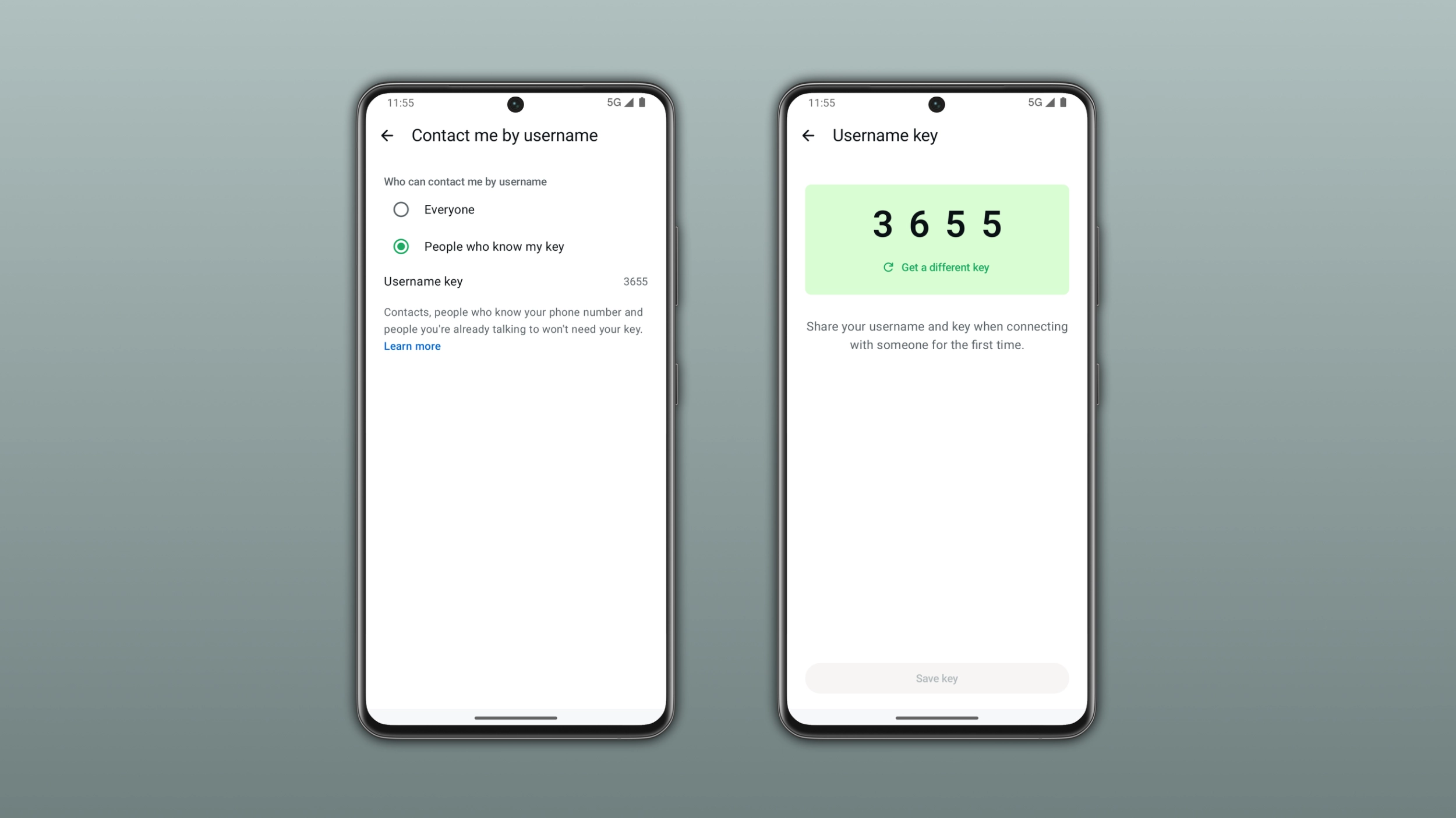 The image shows how to add and manage a username key on WhatsApp
