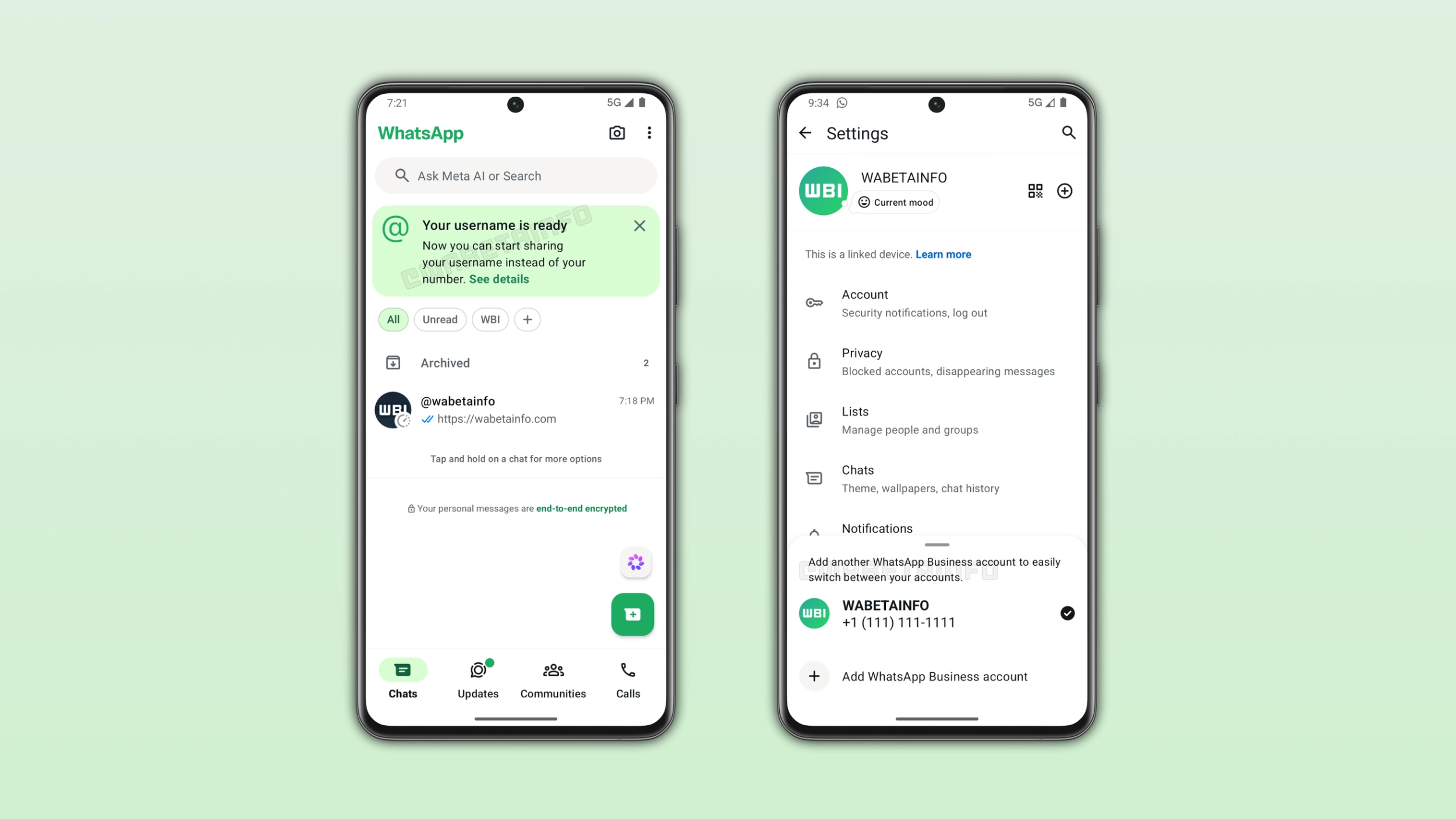 The image shows the full username feature (WhatsApp for Android and IOS) and multi-account support (WhatsApp Business for Android)