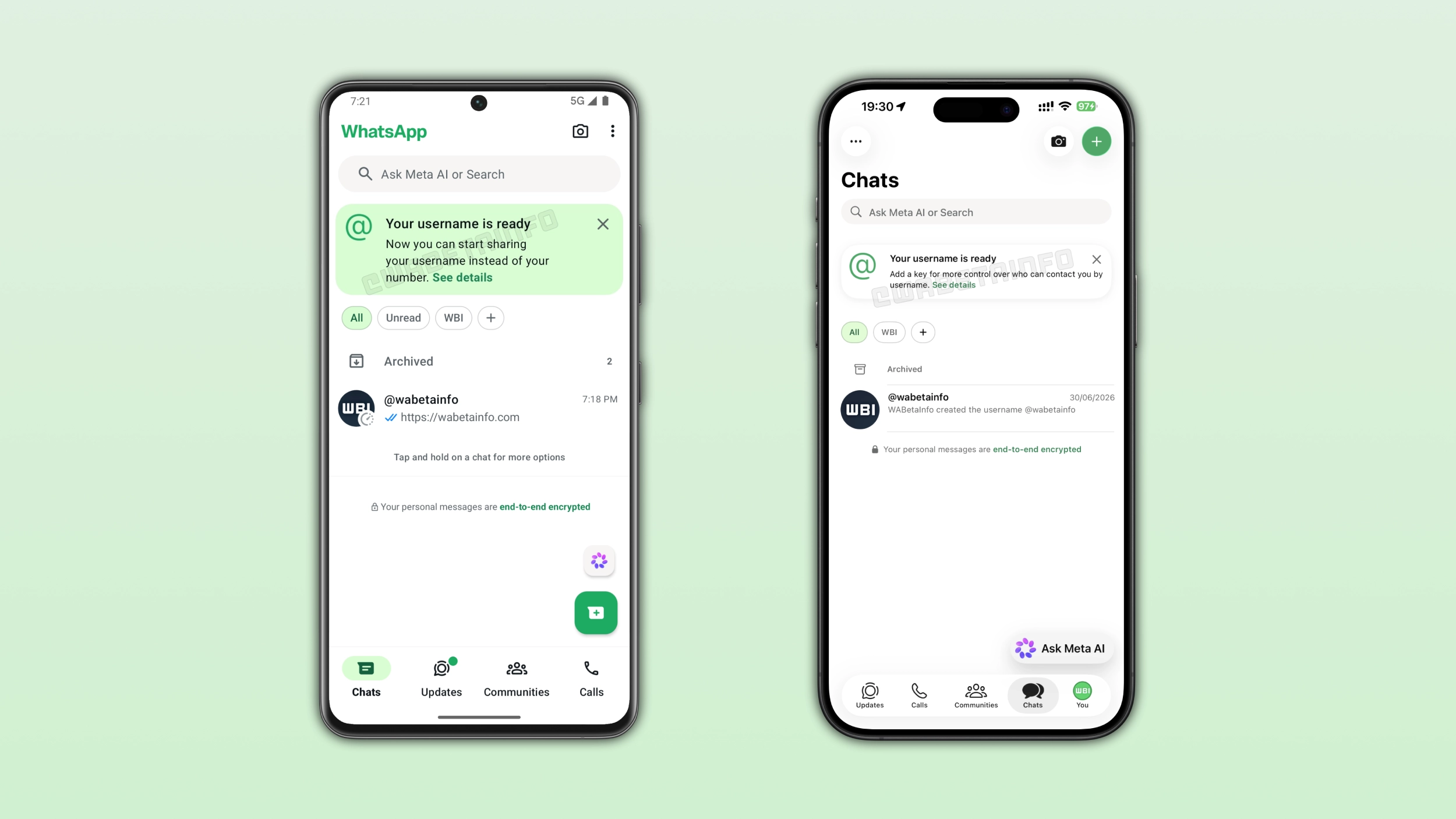The image shows a banner that informs users that their username is finally available on WhatsApp for iOS and Android