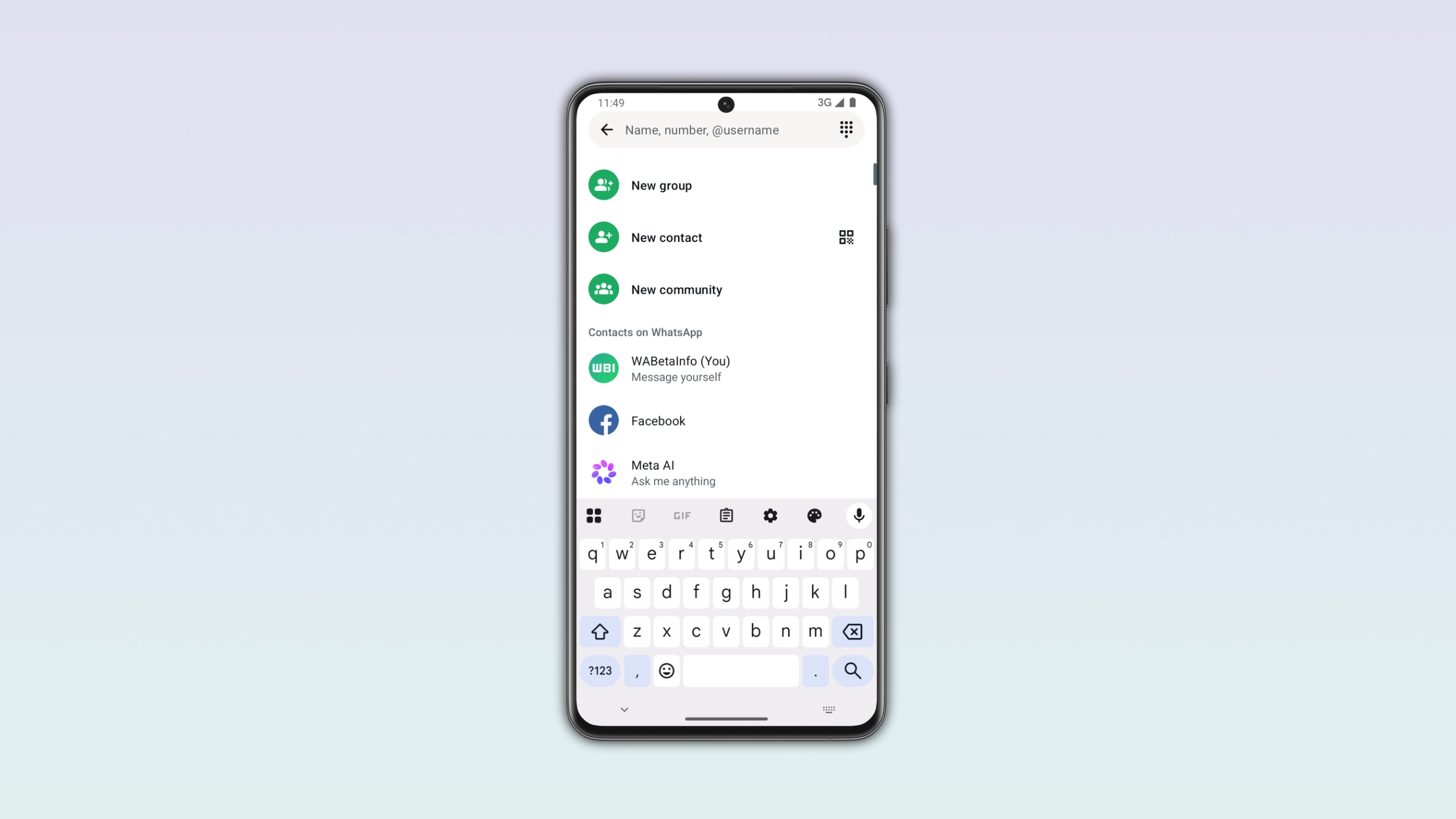 The image shows how to contact users by their username on WhatsApp