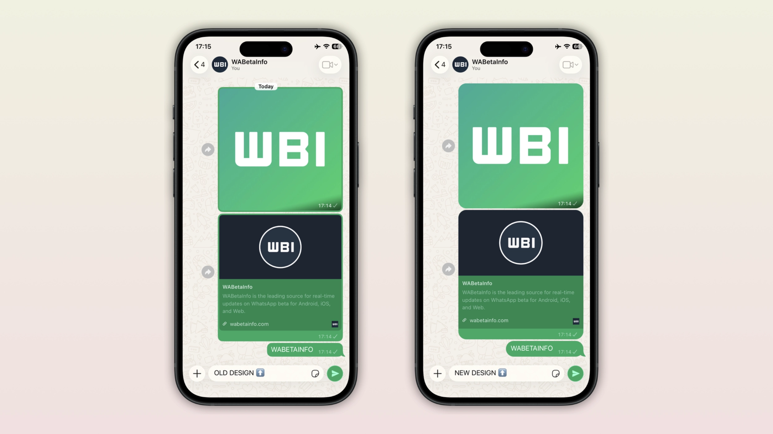 The image shows a comparison between the old and new message bubble design on WhatsApp for iOS