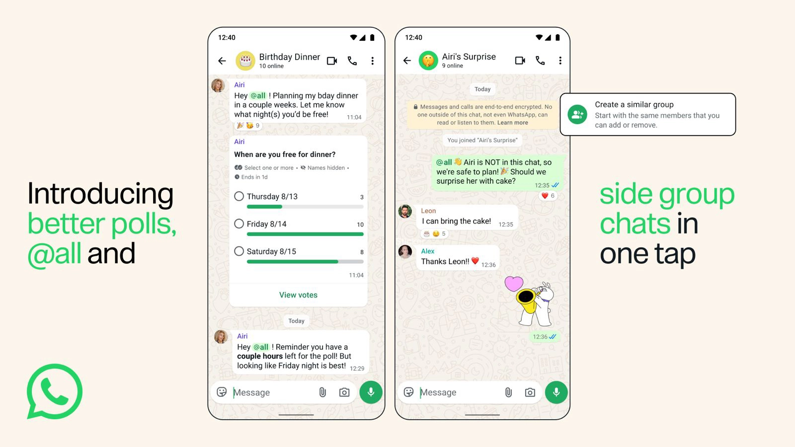 The image shows new features for WhatsApp group chats