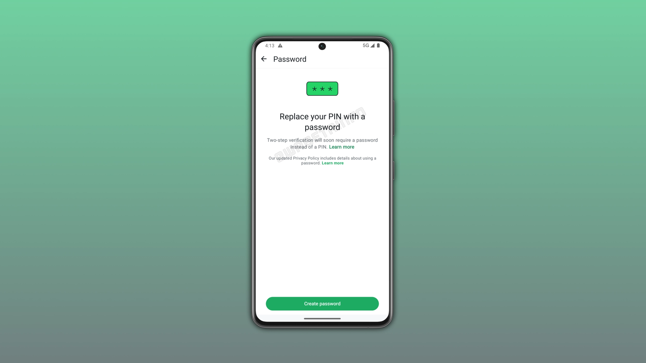The image shows a feature that replaces the two-step verification PIN with a password on WhatsApp for Android