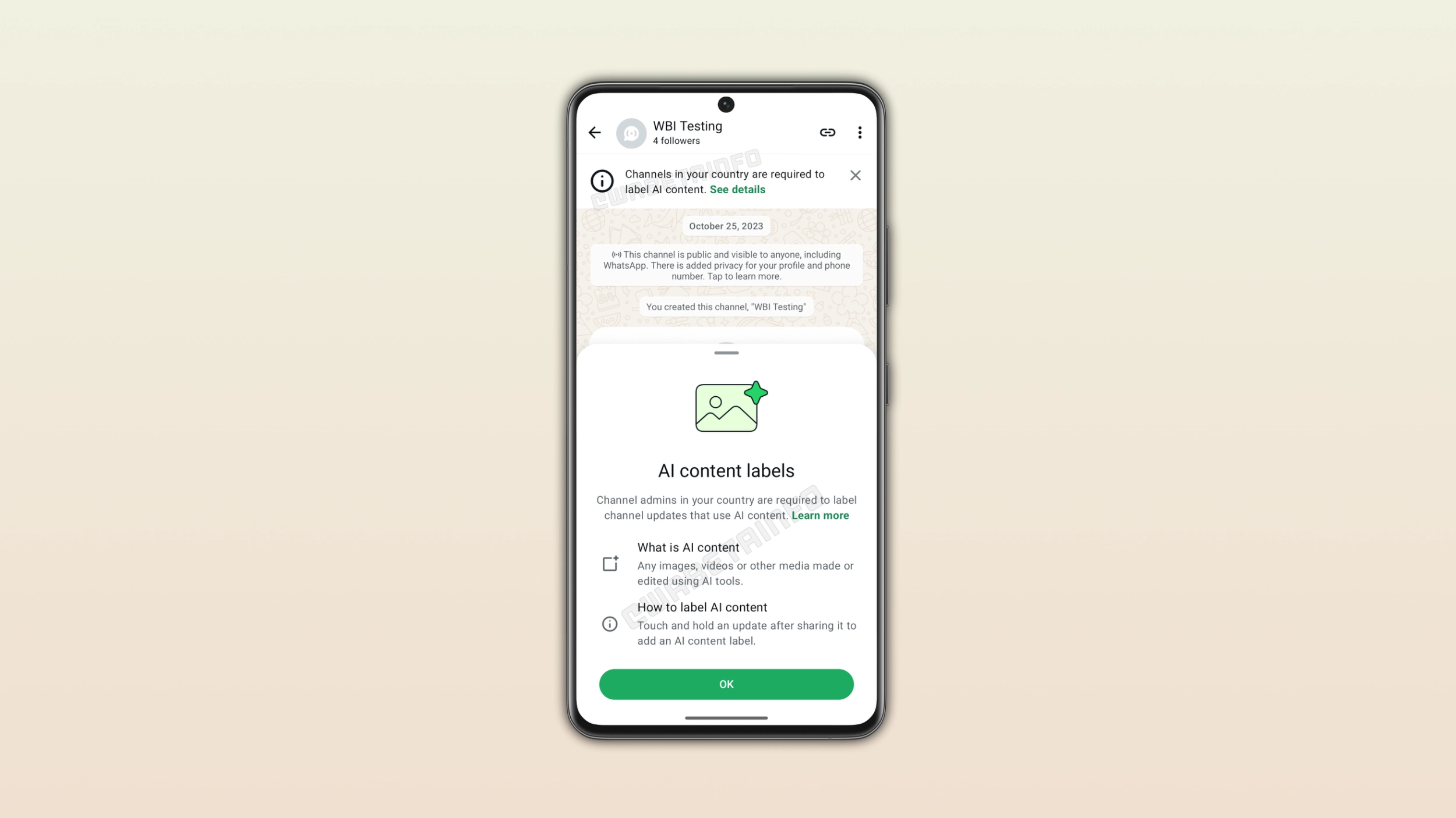 The image shows the AI content label feature for channel admins on WhatsApp for Android
