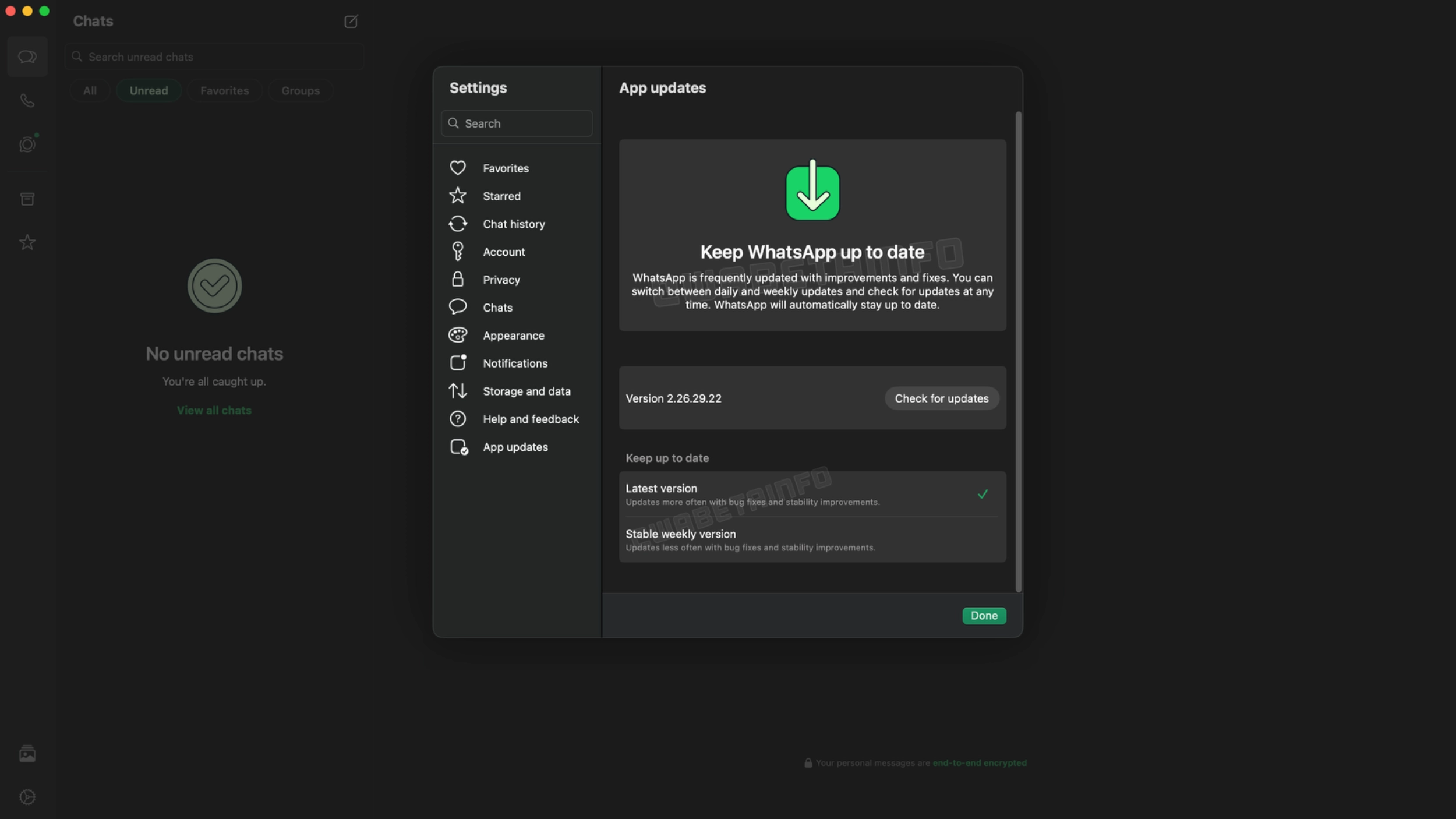 The image shows the new App updates section in WhatsApp settings on Mac