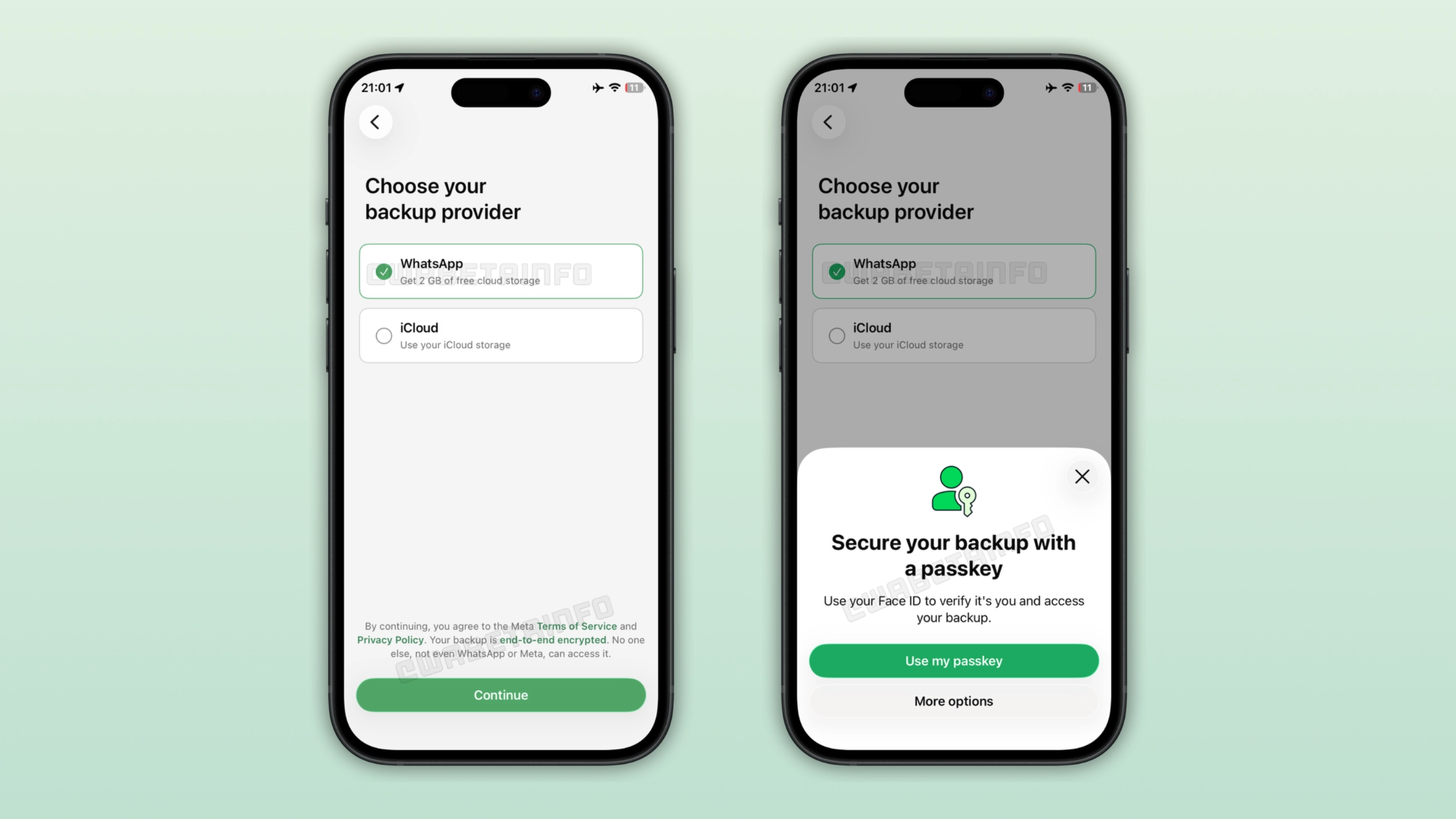 The image shows the option to choose WhatsApp as the backup cloud provider on WhatsApp beta for iOS