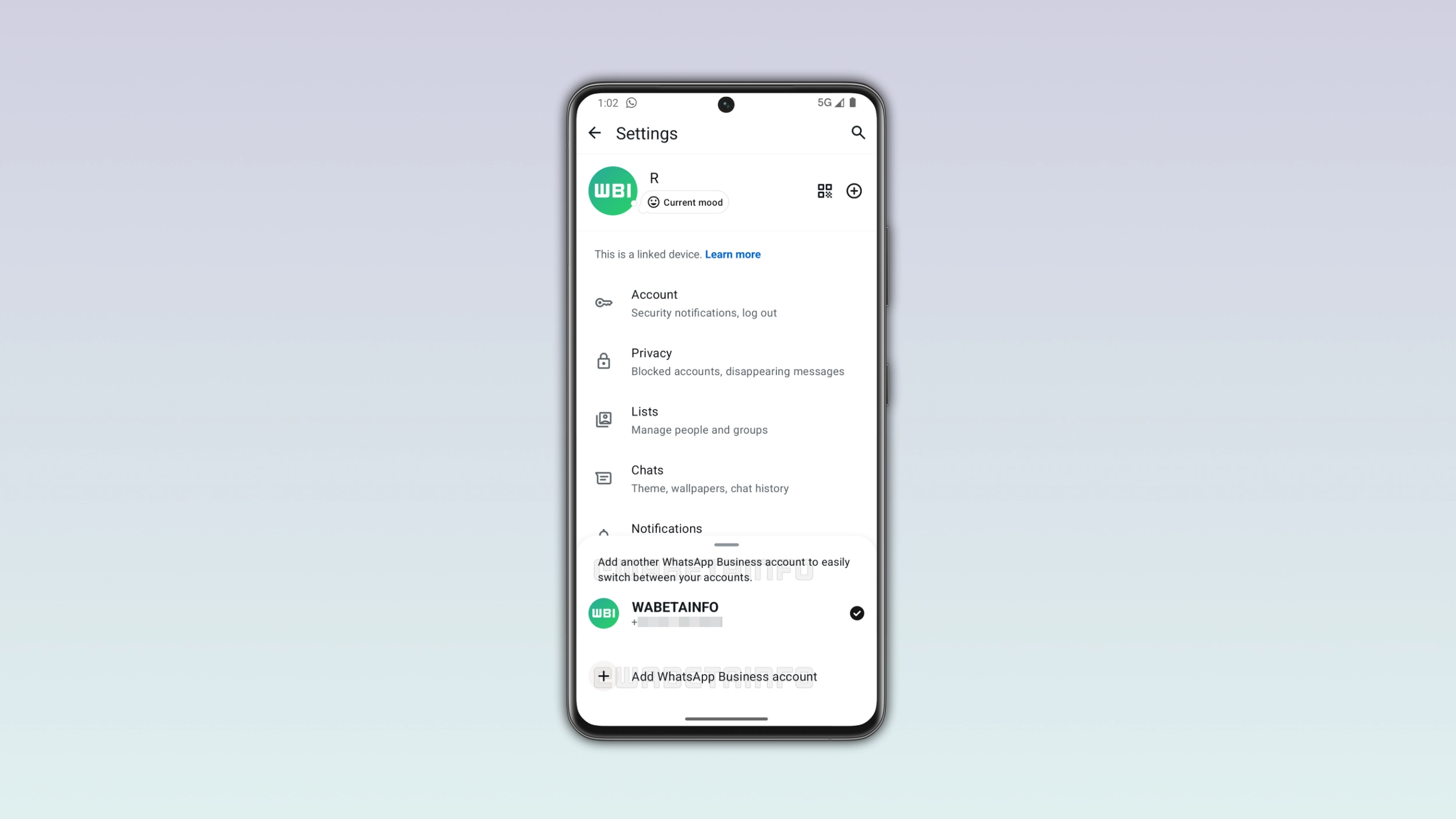 The image shows the multi-account feature on WhatsApp Business beta for Android