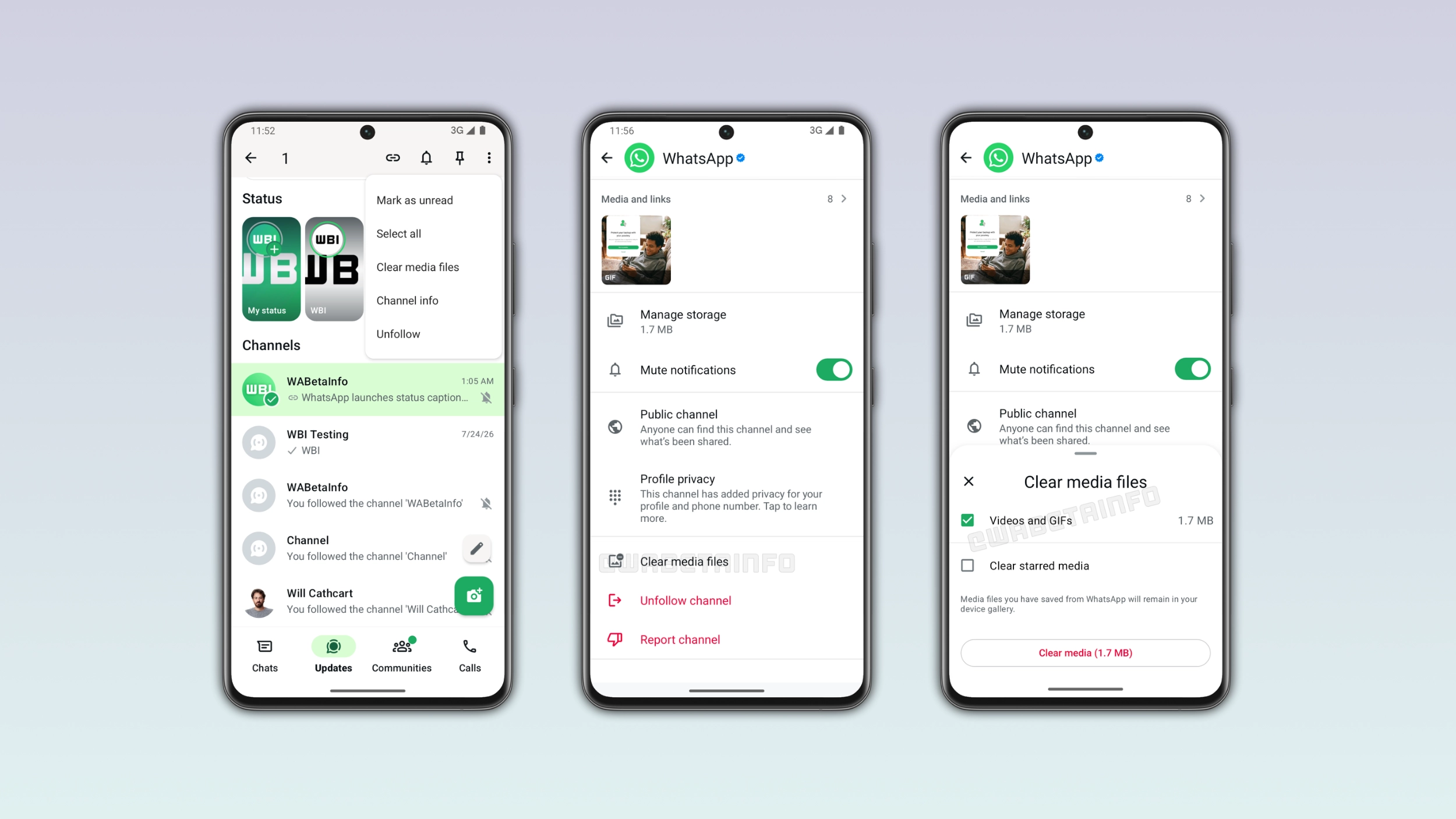 The image shows the channel storage cleanup feature on WhatsApp for Android