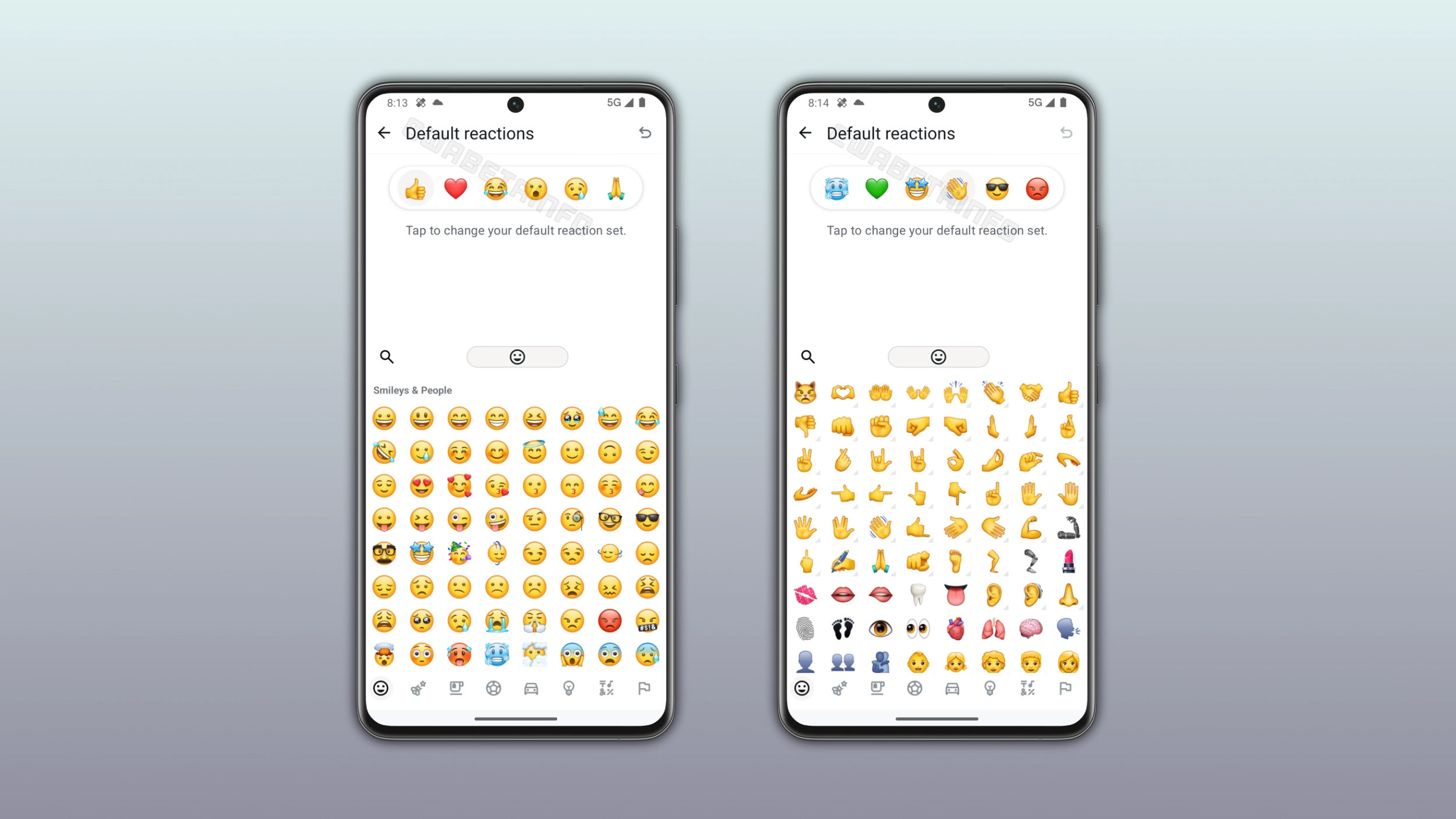 The image shows the custom reaction emoji feature for WhatsApp Plus on Android