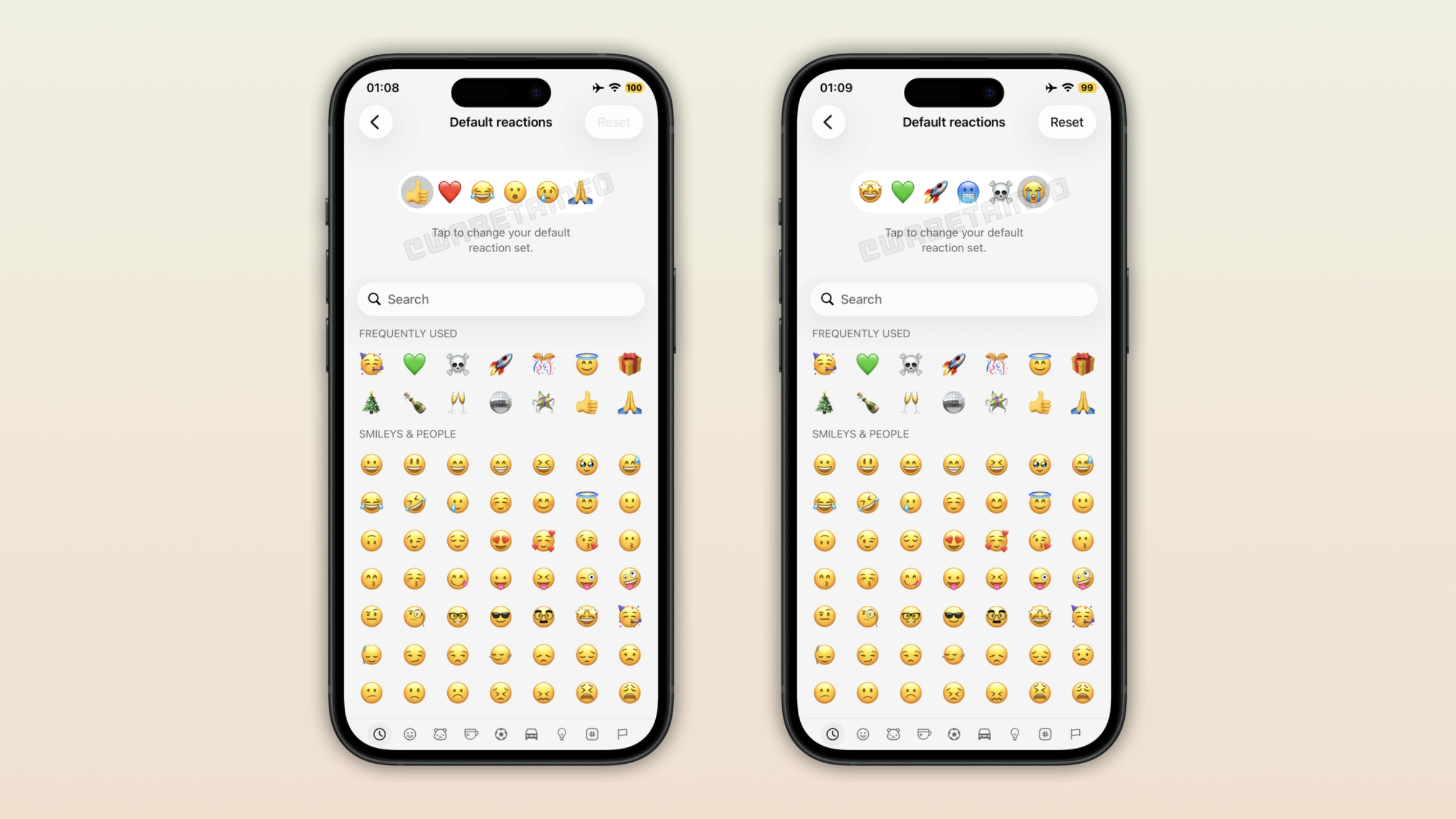 The image shows the custom reaction tray feature for WhatsApp Plus on iOS, comparing the default emoji set with a personalized one