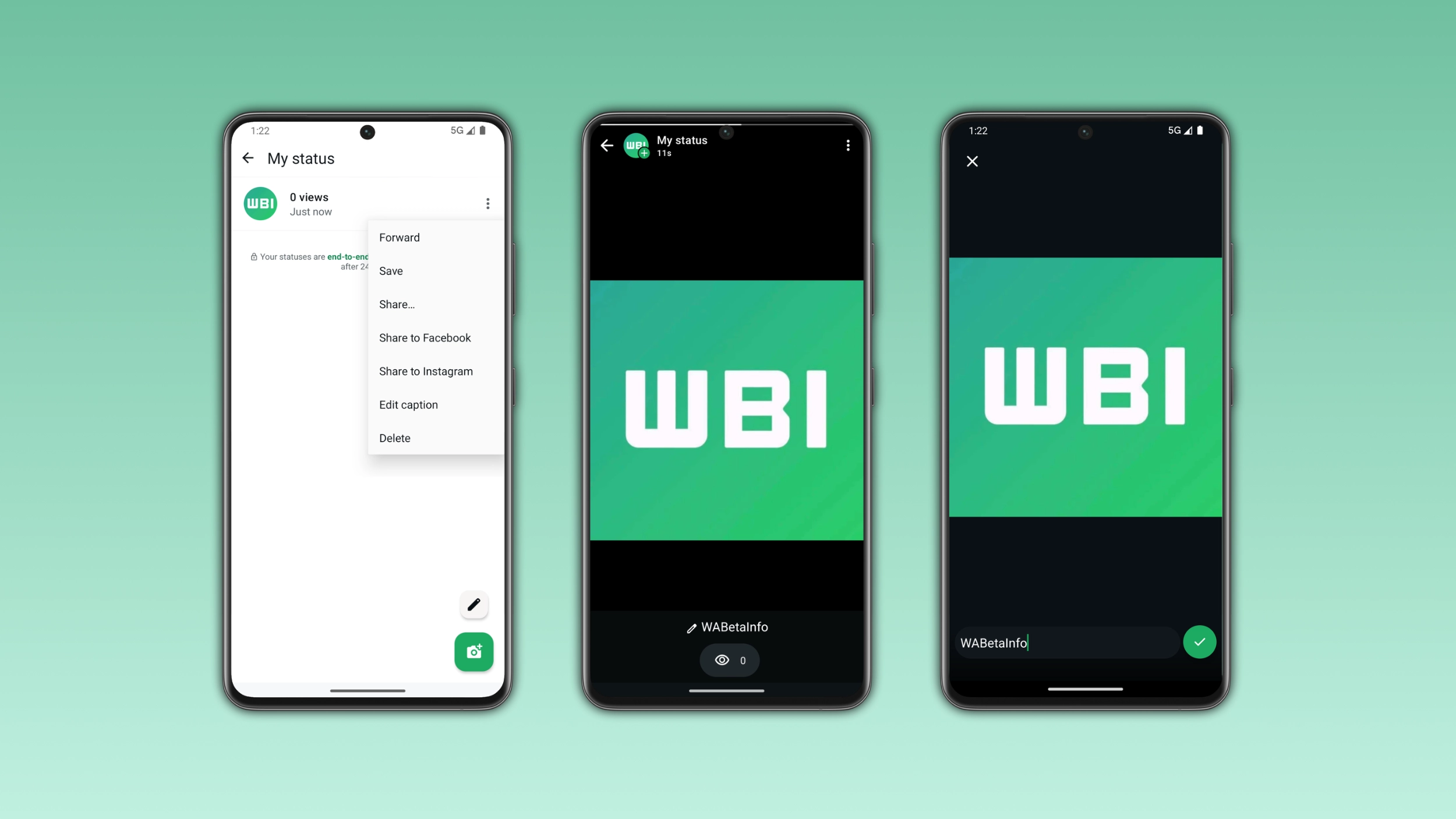 The image shows the status caption editing feature on WhatsApp for Android