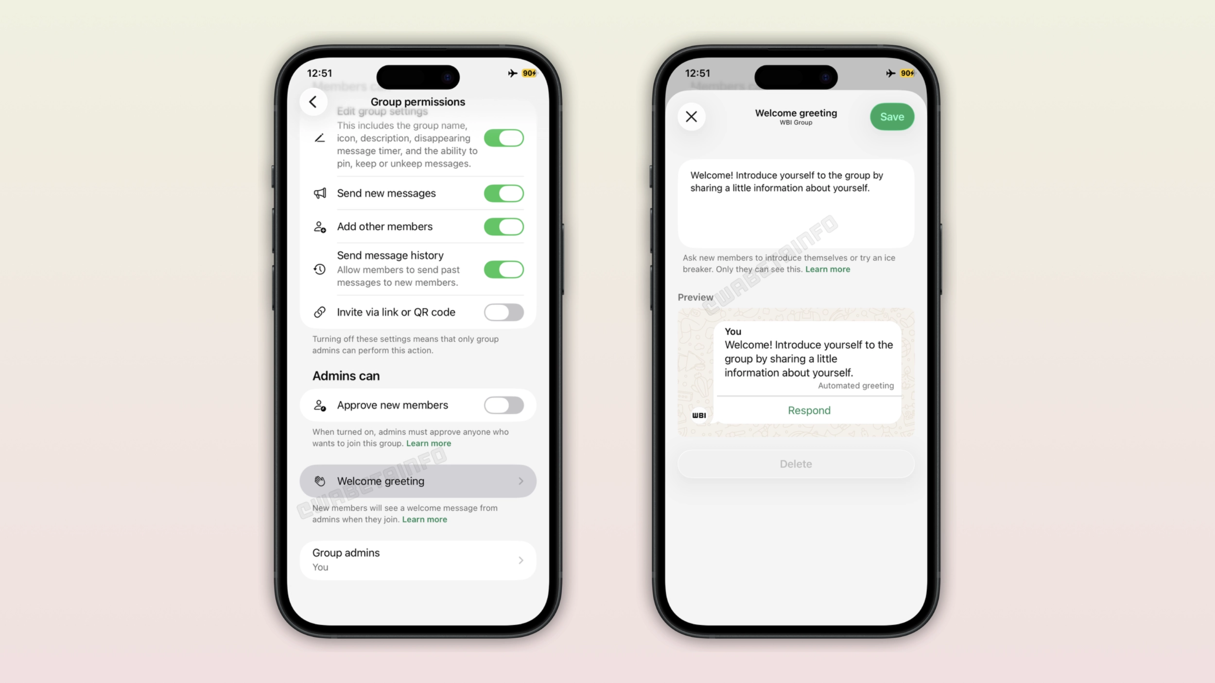The image shows the welcome greeting feature for group chats on WhatsApp for iOS