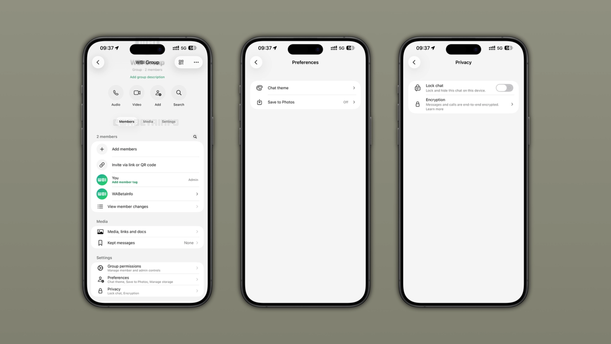 The image shows the new group info interface on WhatsApp for iOS