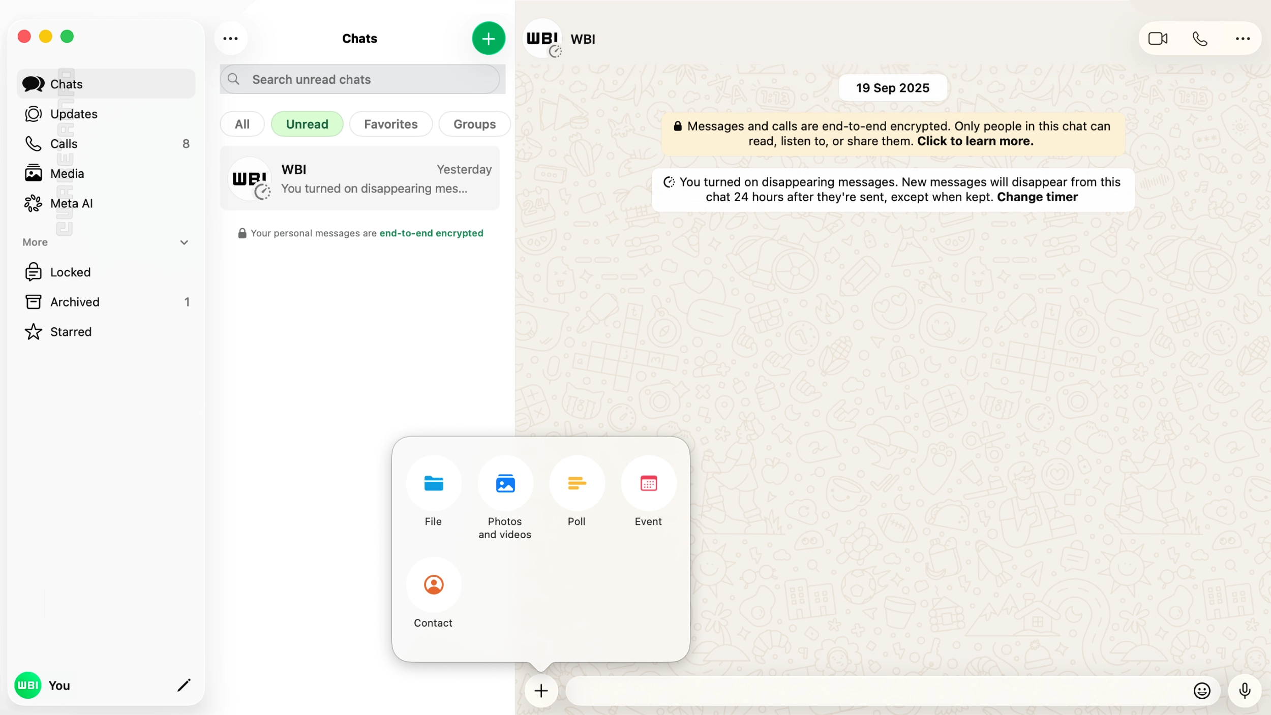 The image shows the new Liquid Glass interface on WhatsApp for Mac