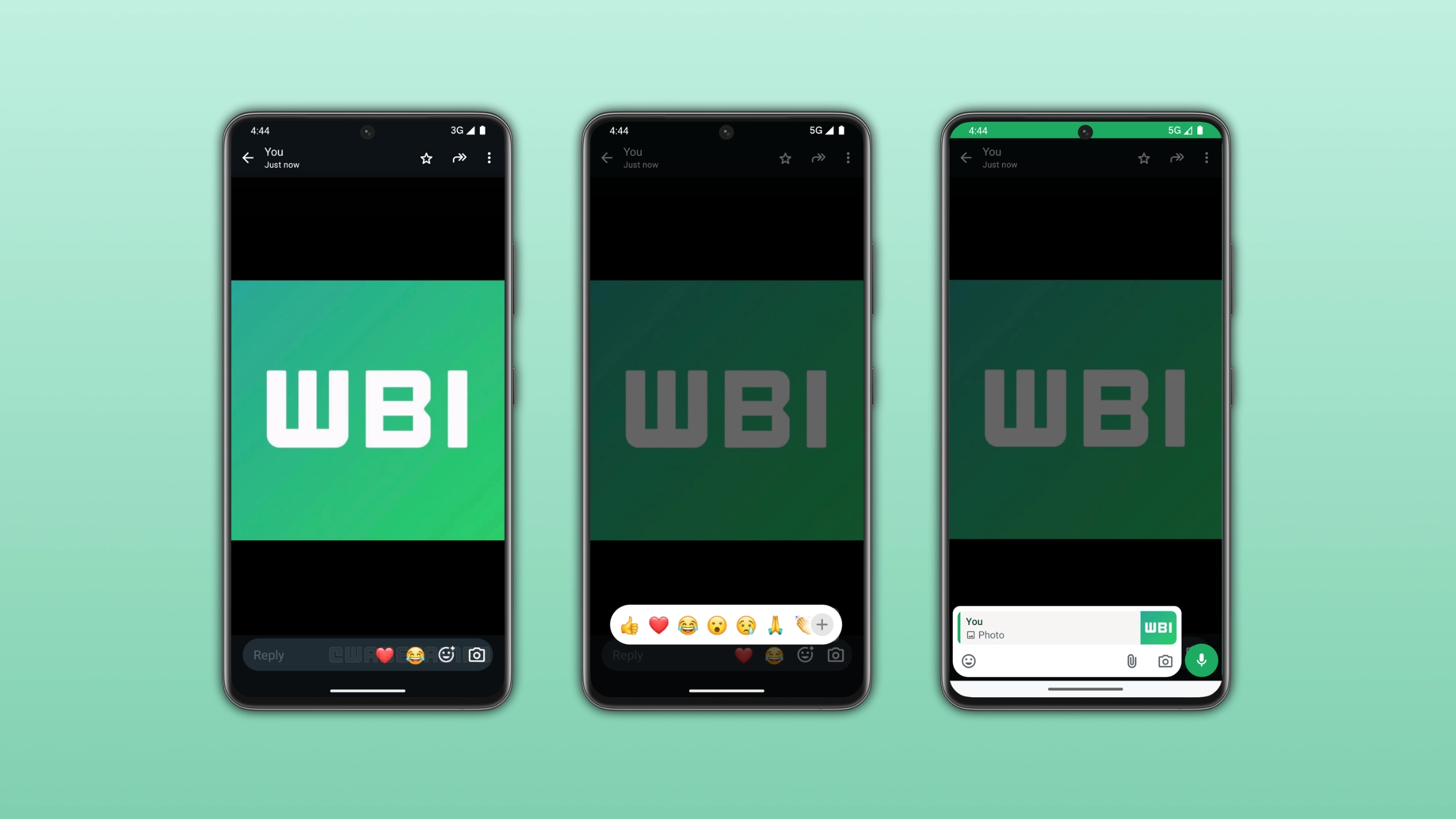 The image shows the redesigned media viewer interface on WhatsApp for Android