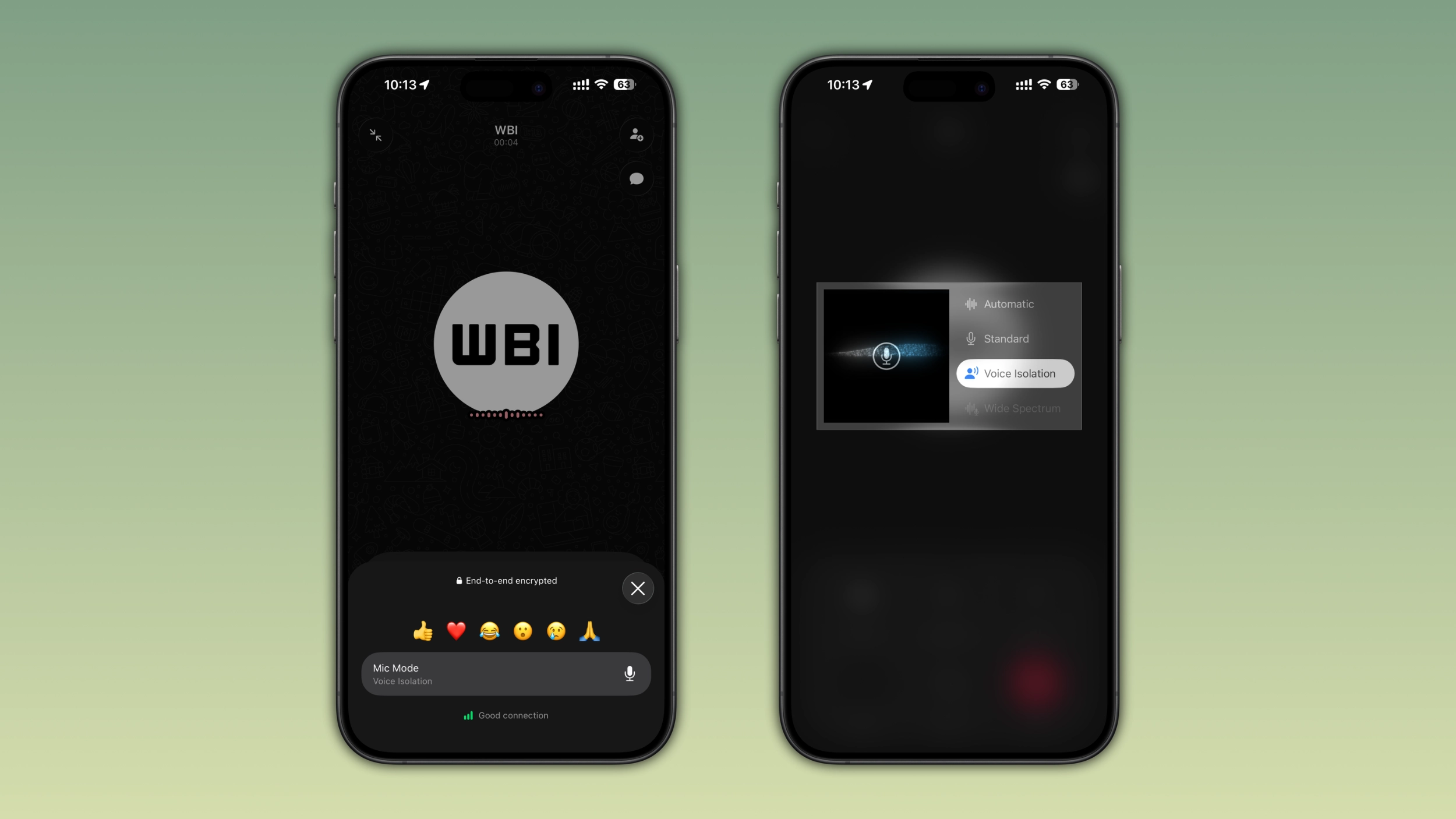The image shows mic mode controls inside a WhatsApp call on iOS
