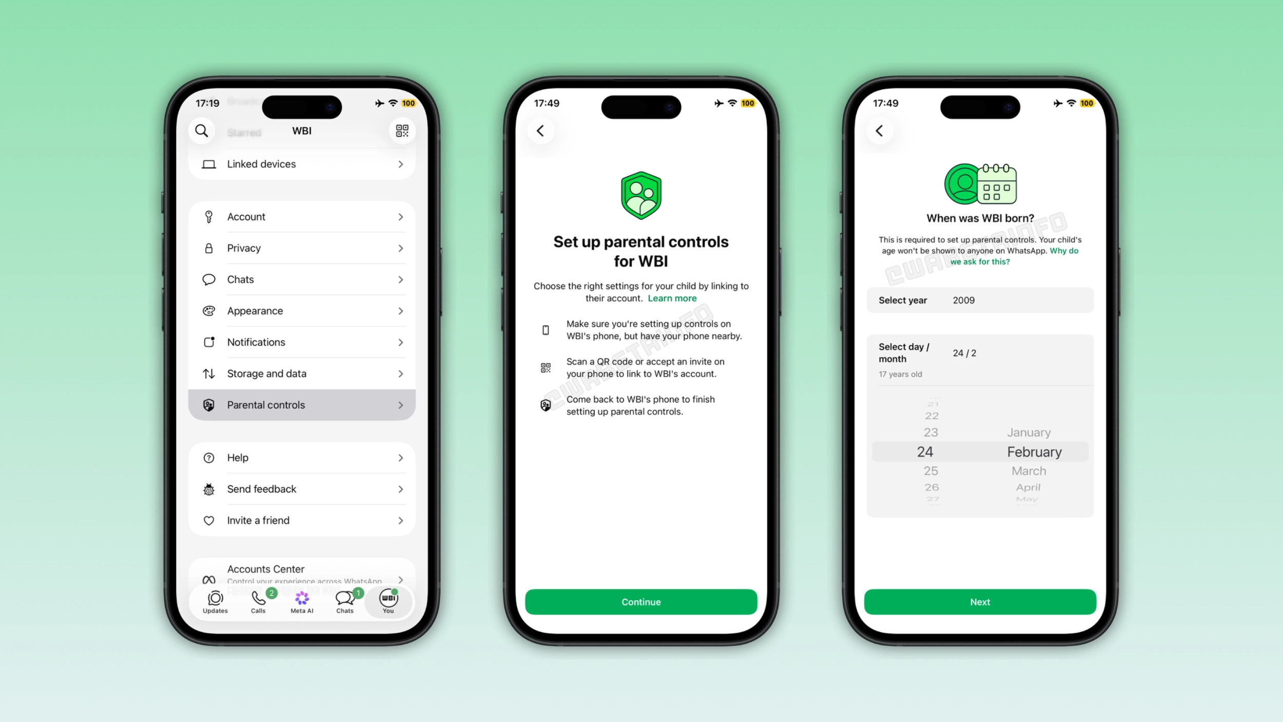The image shows the new Parental controls section in WhatsApp settings on iOS