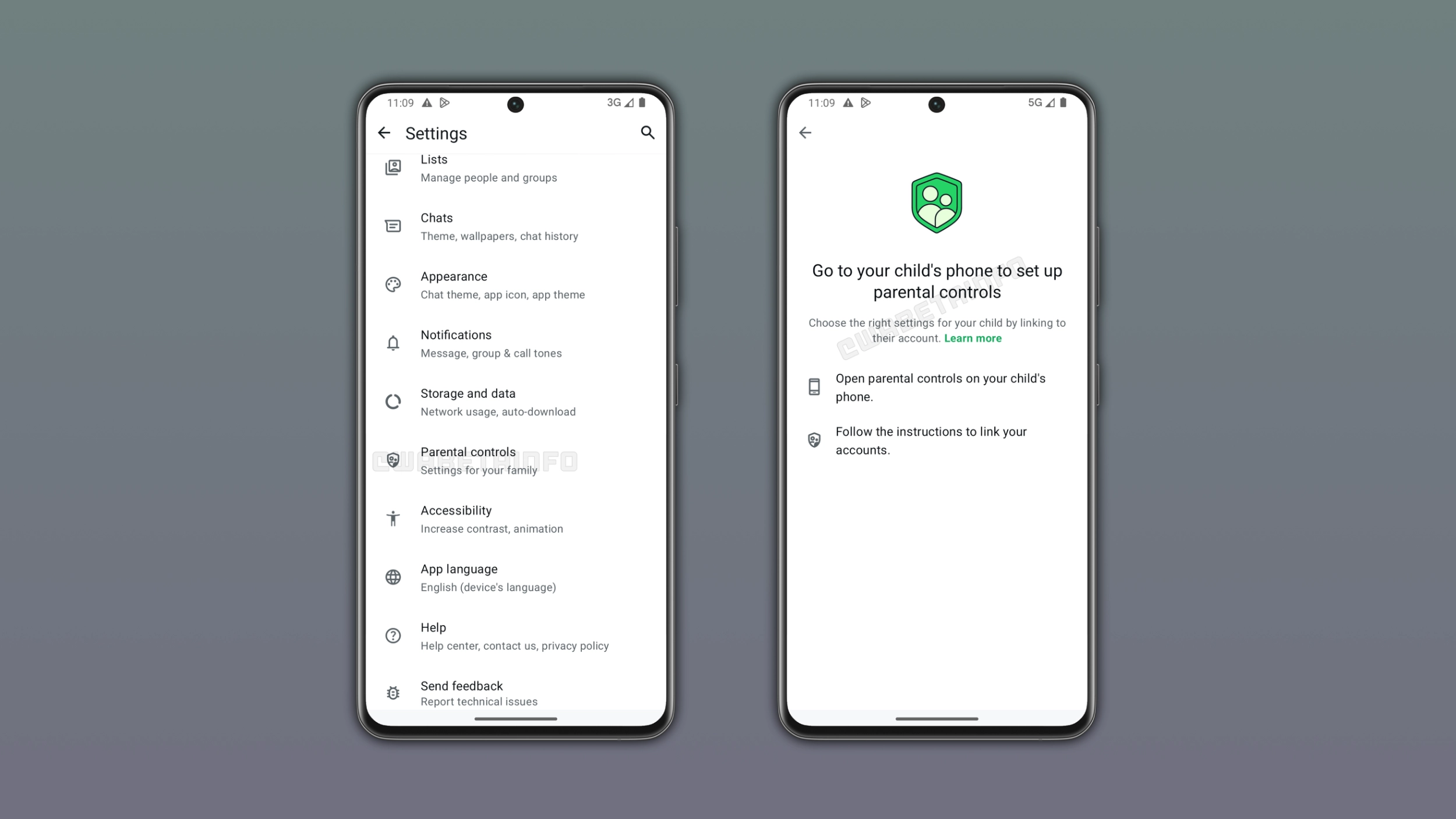 The image shows the new Parent controls section within the app settings on WhatsApp beta for Android