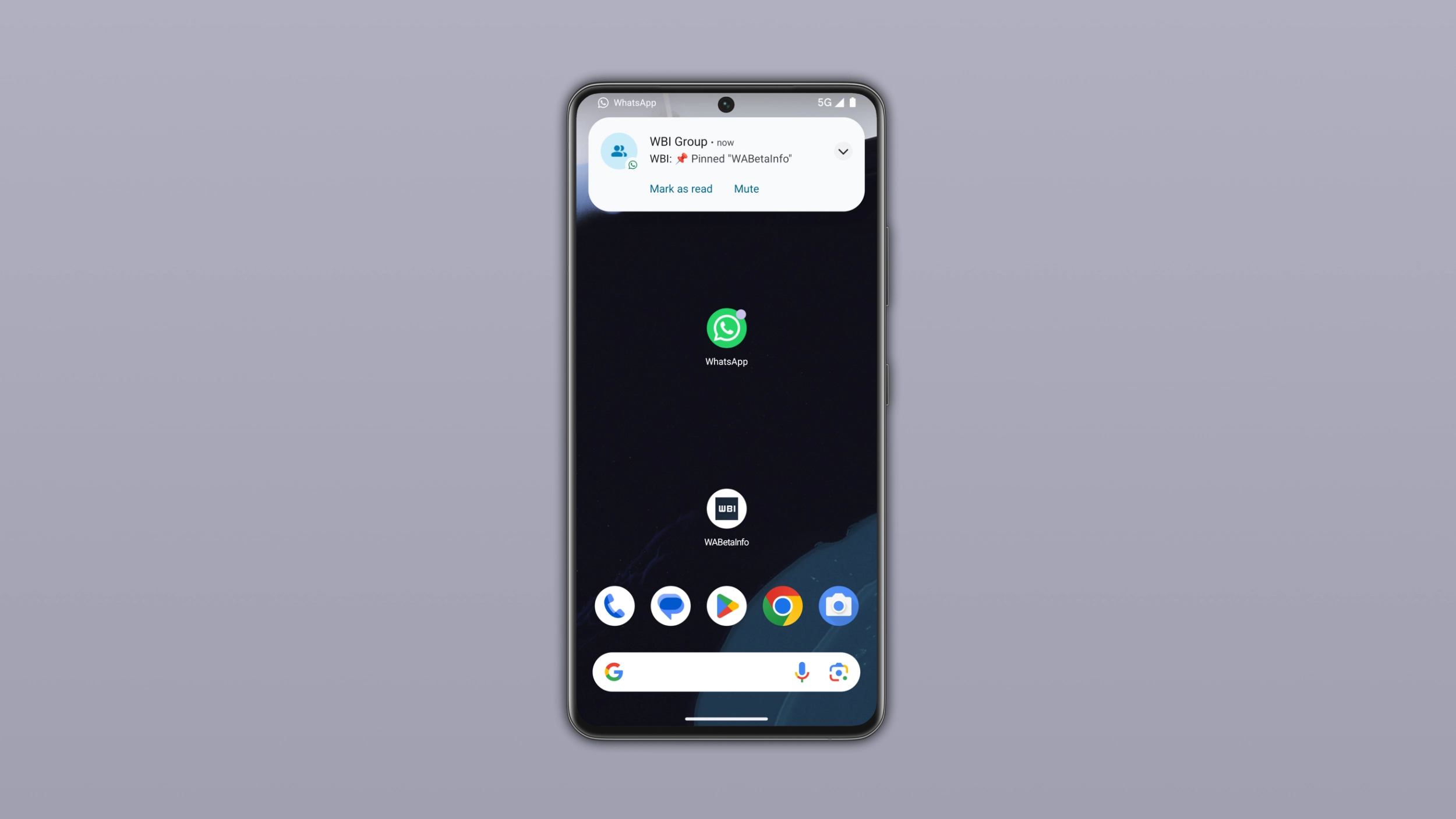 The image shows a notification for a pinned message on WhatsApp beta for Android